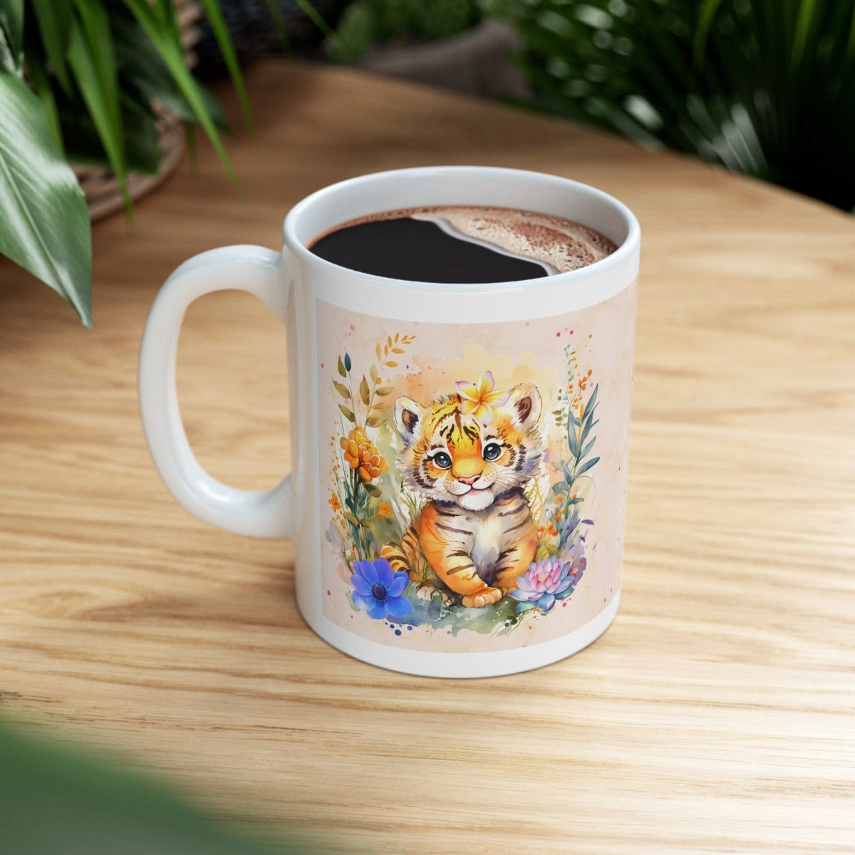 Printify Mug 11oz Coffee Mug, Tiger Coffee Mug, Tiger Cub Mug, Flower Mug, Birthday Gift, Christmas Gift, Friend Gift, White 11 oz Ceramic 31132222112925377329