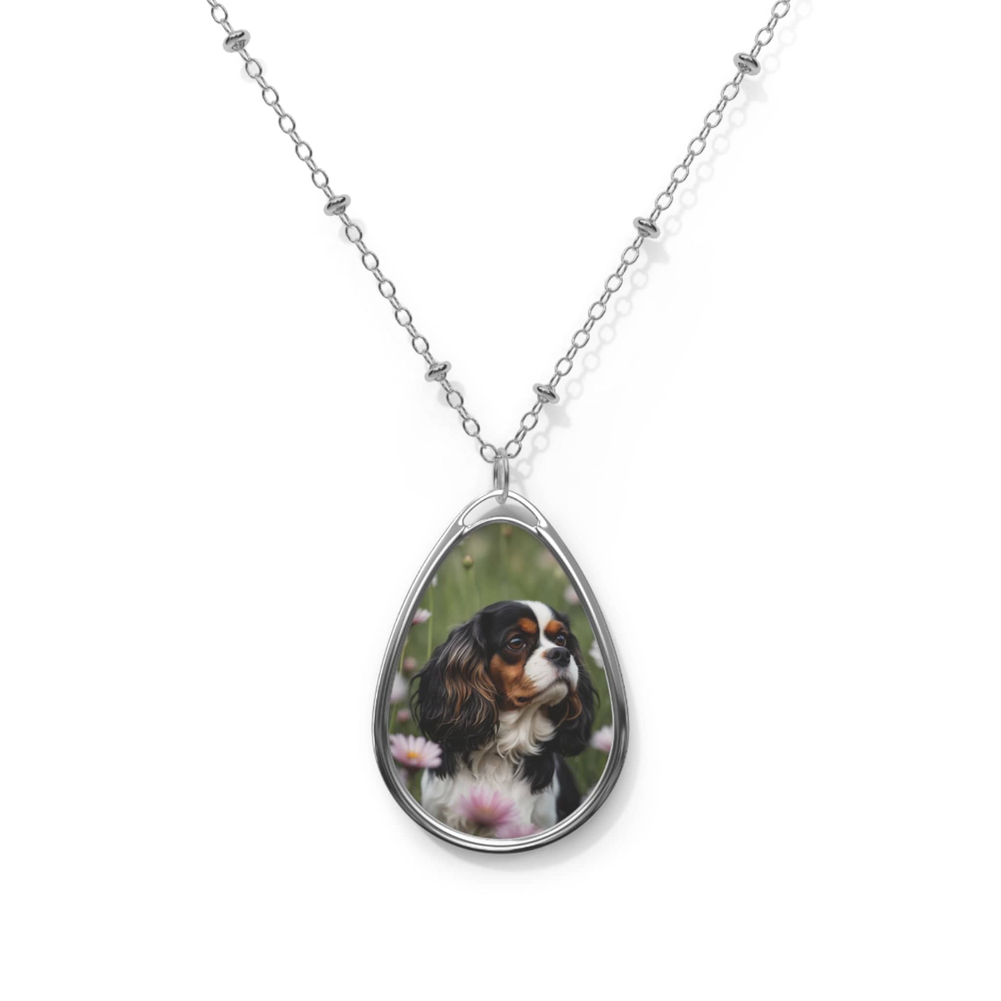Printify Accessories One Size / Silver Tri-Color Cavalier King Charles Spaniel Necklace, Teardrop Pendant Jewelry, Silver Beaded Chain Tri-Color Cavalier King Charles Spaniel Necklace, Teardrop Pendant Jewelry, Silver Beaded Chain 16431277854072426619