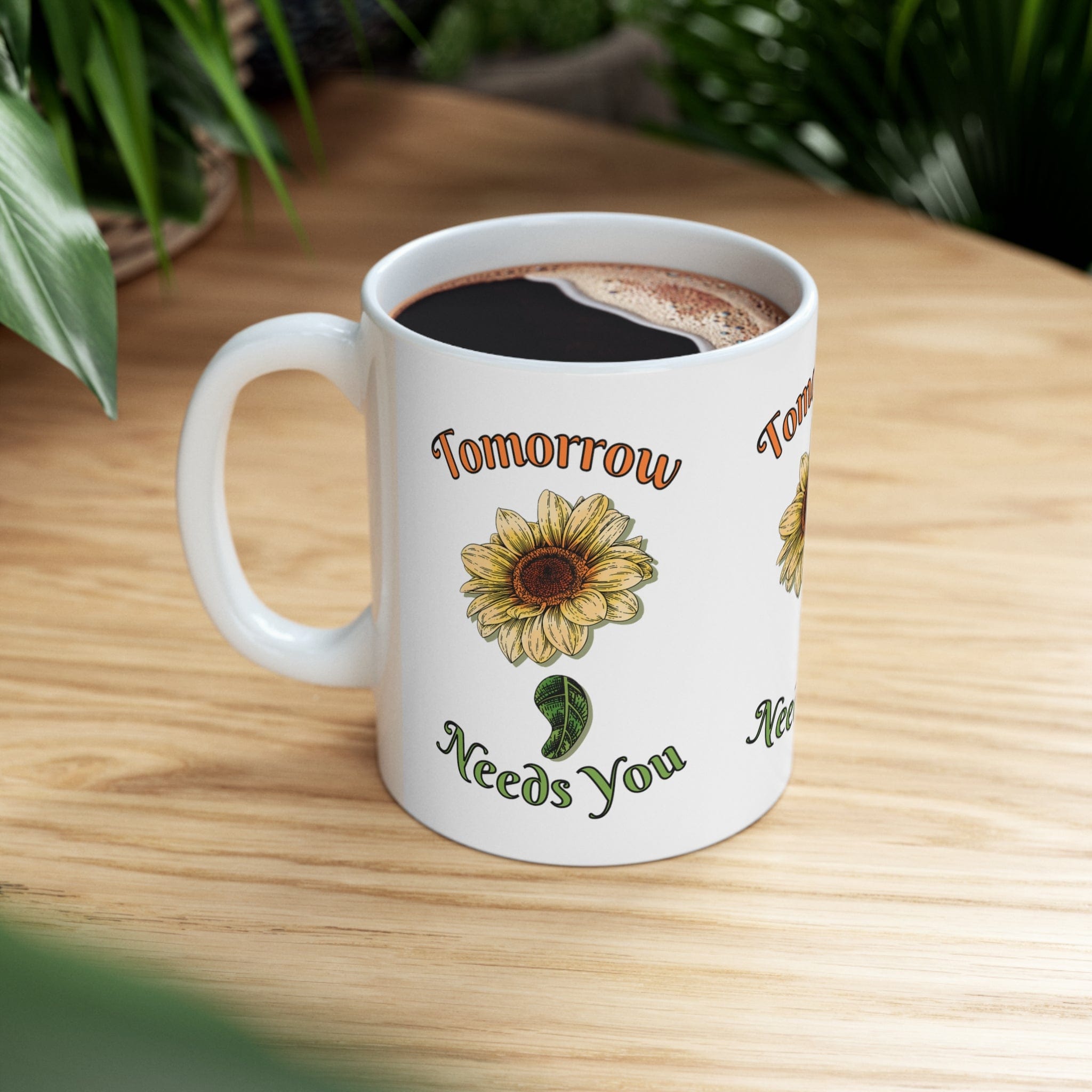 Printify Mug 11oz Coffee Mug, Mental Health Mug, Therapist Mug, Sunflower Semicolon, White 11 oz Ceramic, Gift for Her or Him 21922659324783219662