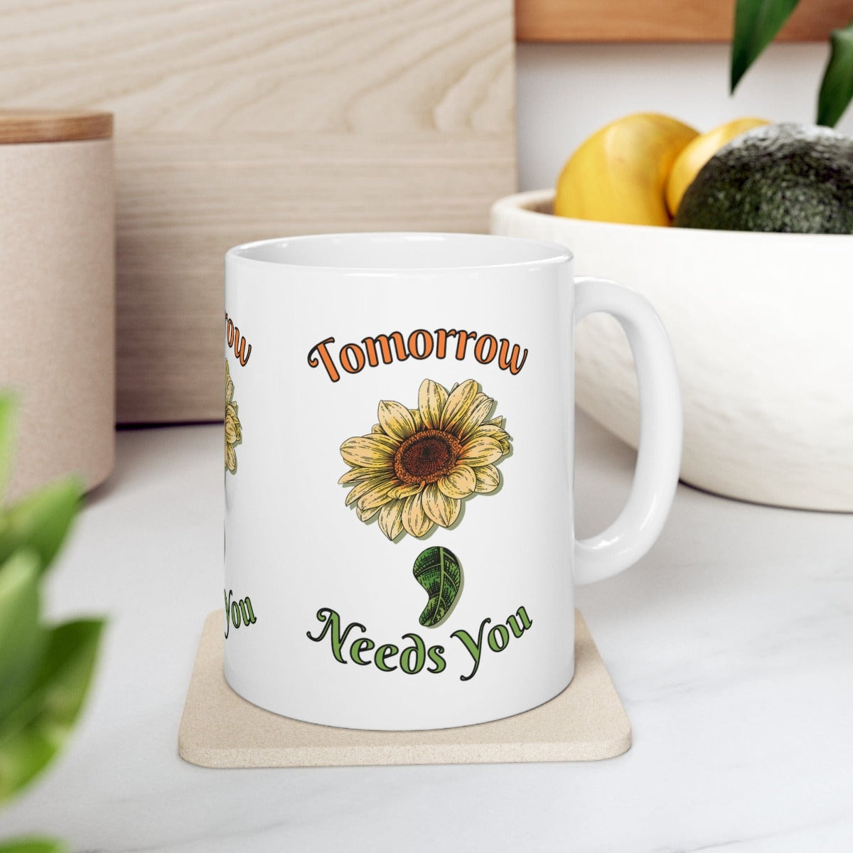 Printify Mug 11oz Coffee Mug, Mental Health Mug, Therapist Mug, Sunflower Semicolon, White 11 oz Ceramic, Gift for Her or Him 21922659324783219662