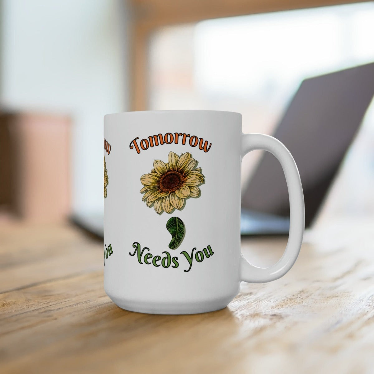 Printify Mug 15oz Coffee Mug, Mental Health Mug, Therapist Mug, Sunflower Semicolon, White 15 oz Ceramic, Gift for Her or Him 96835073377800350006