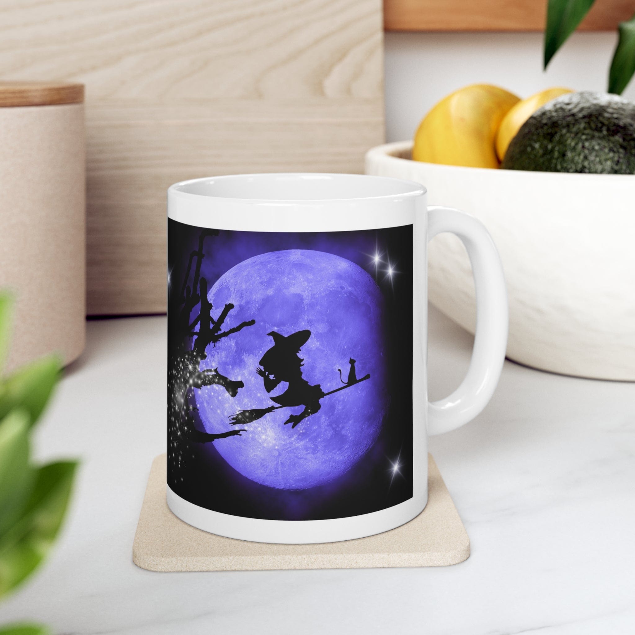 Printify Mug 11oz Coffee Mug, Halloween Coffee Mug, Purple Witch Mug, Moon Mug, Halloween Gift, Birthday Gift, Friend Gift, White 11oz Ceramic 24301276611320062700
