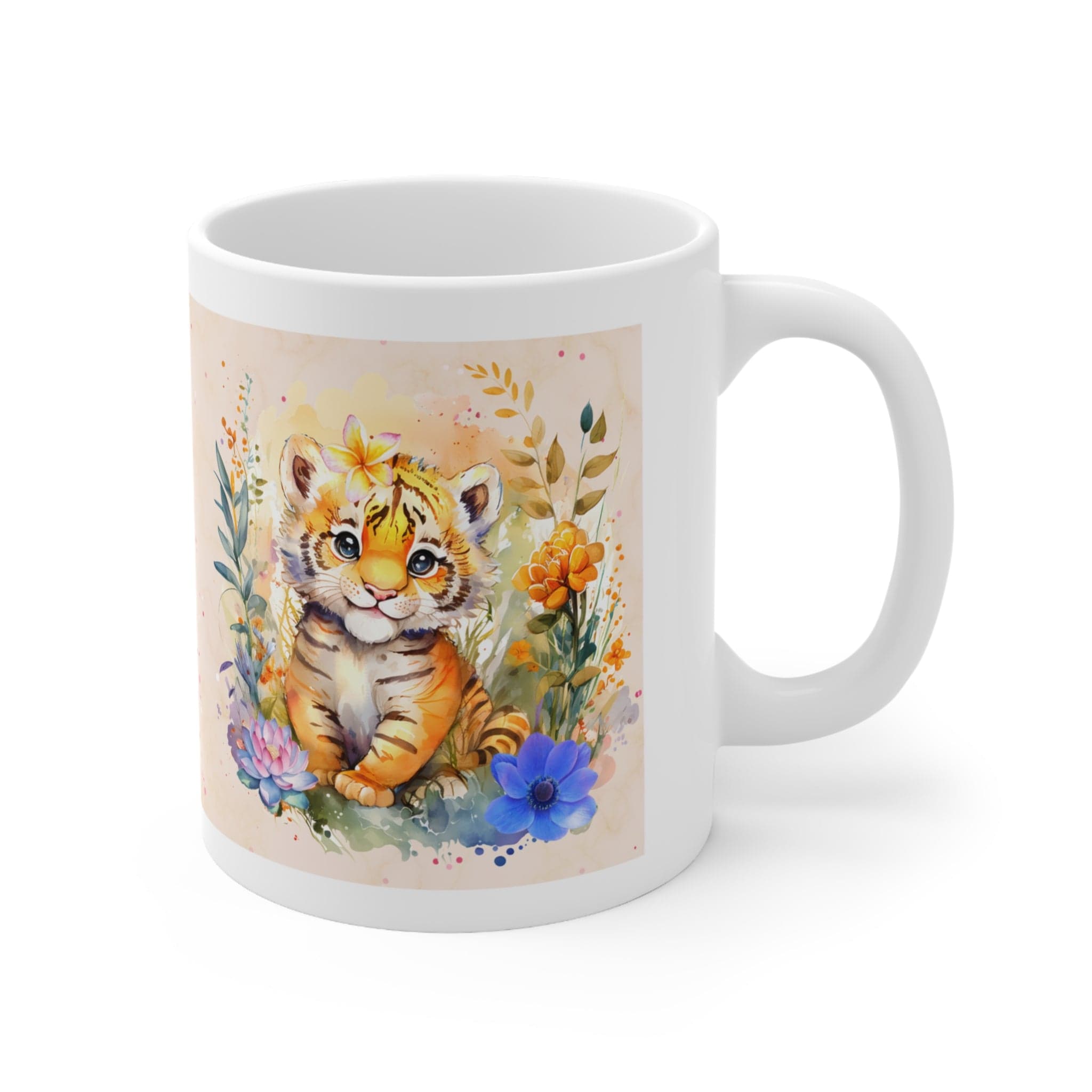 Printify Mug 11oz Coffee Mug, Tiger Coffee Mug, Tiger Cub Mug, Flower Mug, Birthday Gift, Christmas Gift, Friend Gift, White 11 oz Ceramic 31132222112925377329