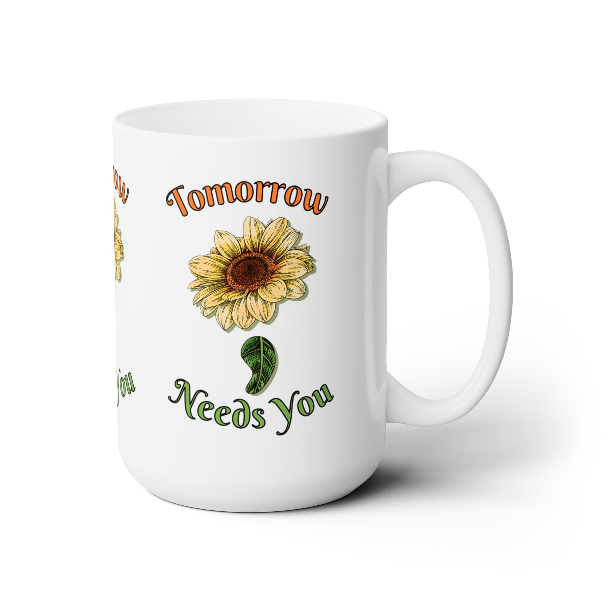 Printify Mug 15oz Coffee Mug, Mental Health Mug, Therapist Mug, Sunflower Semicolon, White 15 oz Ceramic, Gift for Her or Him 96835073377800350006