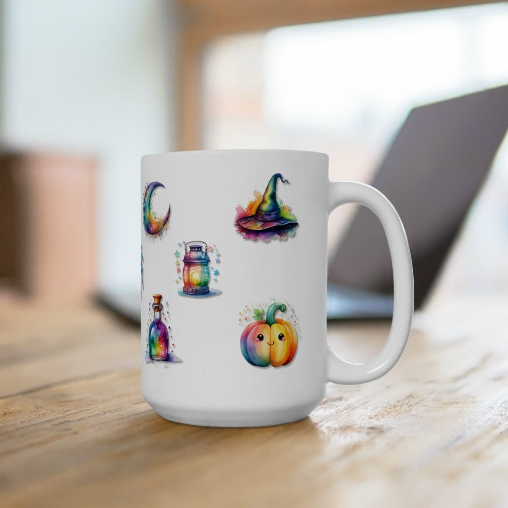 Printify Mug 15oz Coffee Mug, Halloween Coffee Mug, Rainbow Halloween Icons Mug, Halloween Gift, Birthday Gift, Friend Gift, White 15oz Ceramic, Free Shipping 24310514202212272287