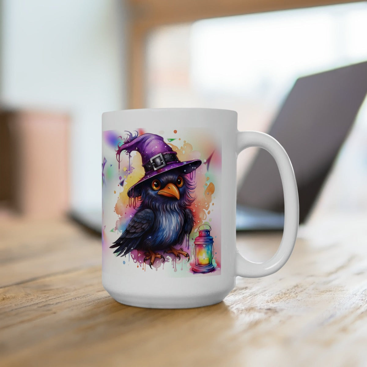 Printify Mug 15oz Coffee Mug, Halloween Coffee Mug, Rainbow Witch Crow Mug, Halloween Gift, Birthday Gift, Friend Gift, White 15 oz Ceramic, Free Shipping 22548691177455422350