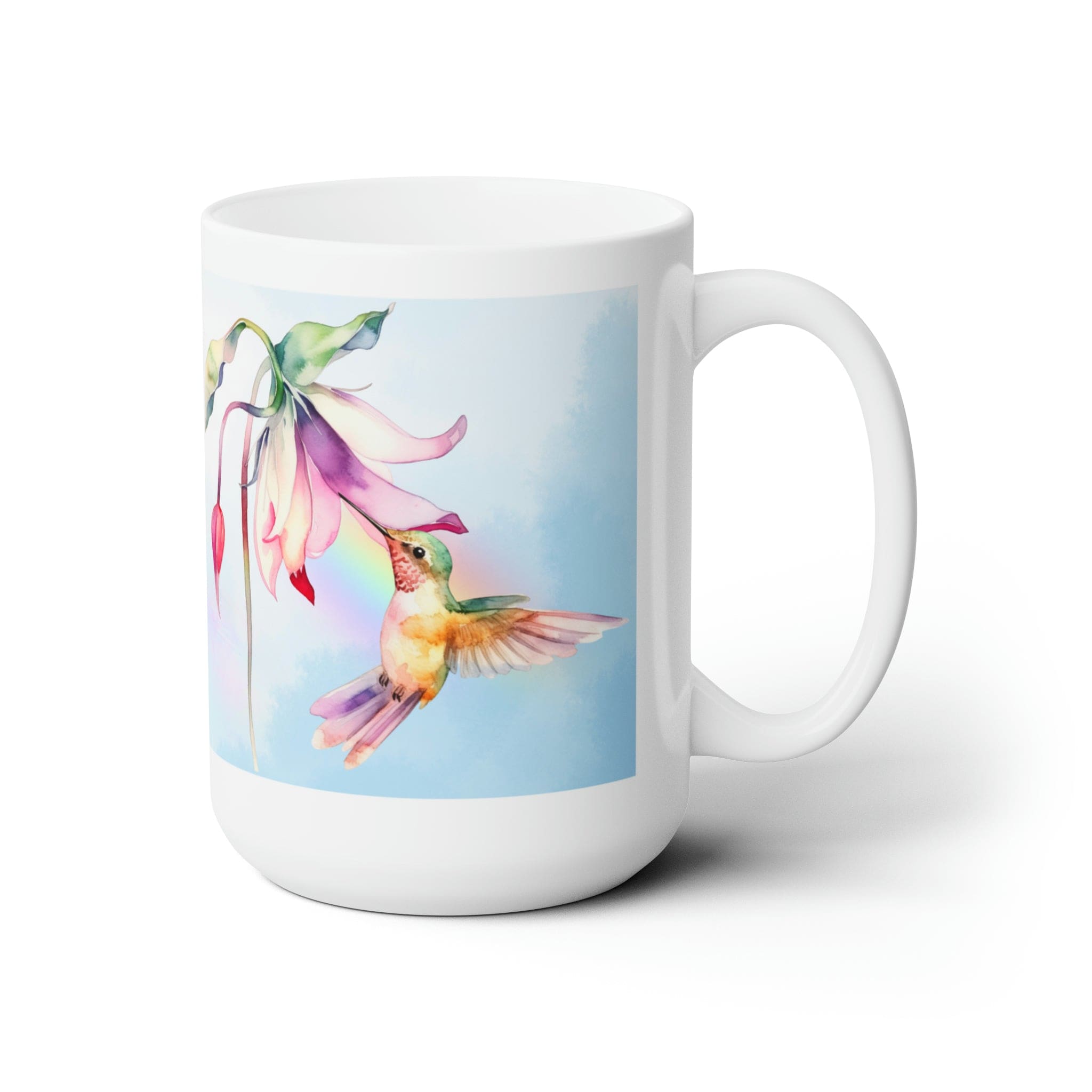 Printify Mug 15oz Coffee Mug, Hummingbird  Coffee Mug, Bird Mug, Flower Mug, Birthday Gift, Christmas Gift, Friend Gift, White 15 oz Ceramic 94835321315221654134