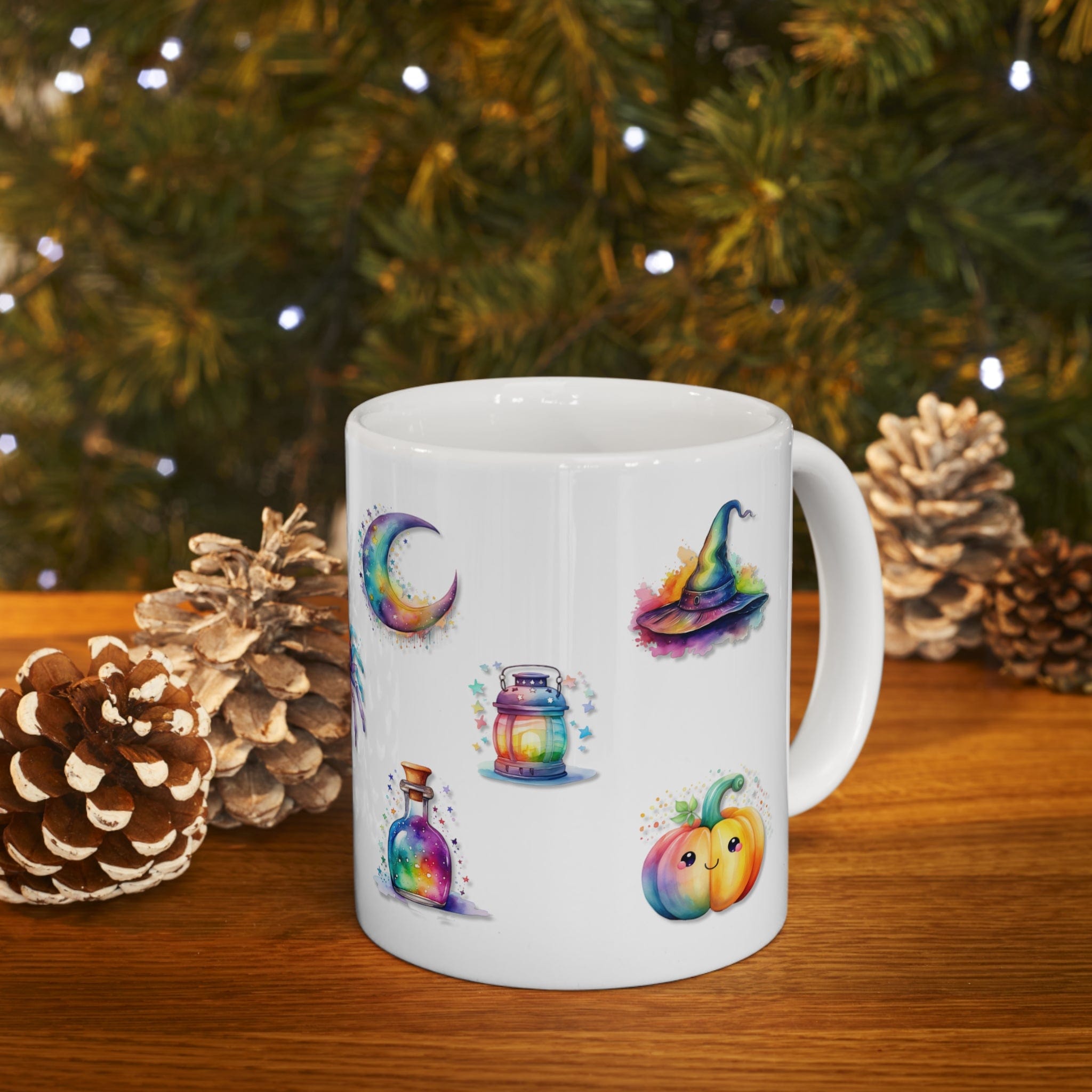 Printify Mug 11oz Coffee Mug, Halloween Coffee Mug, Rainbow Halloween Icons Mug, Halloween Gift, Birthday Gift, Friend Gift, White 11oz Ceramic, Free Shipping 83070160544945426631