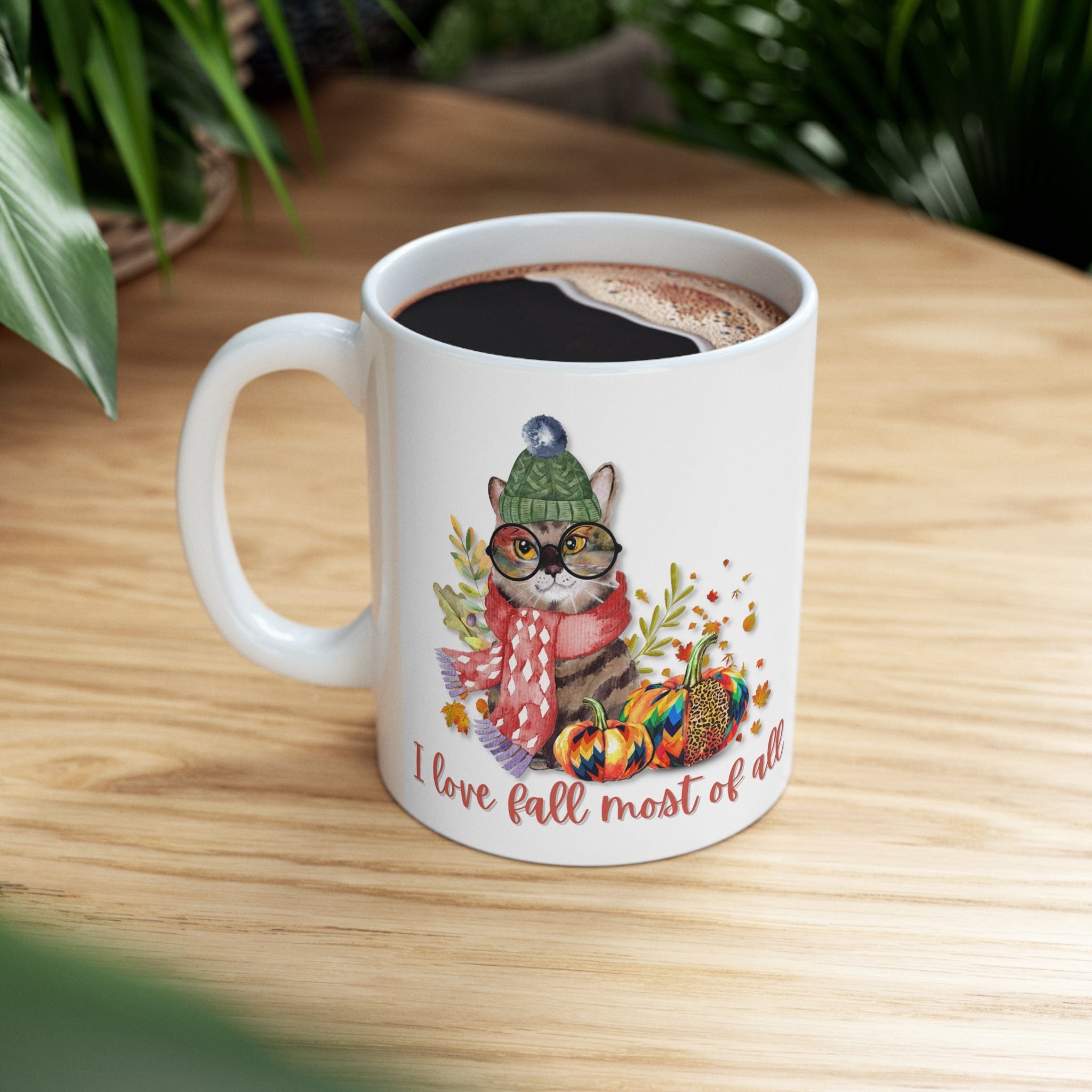Printify Mug 11oz Fall Cat White 11oz Ceramic Mug Coffee Mug, I love Fall, Pumpkin Spice, Gift for Her 25565377231958825658