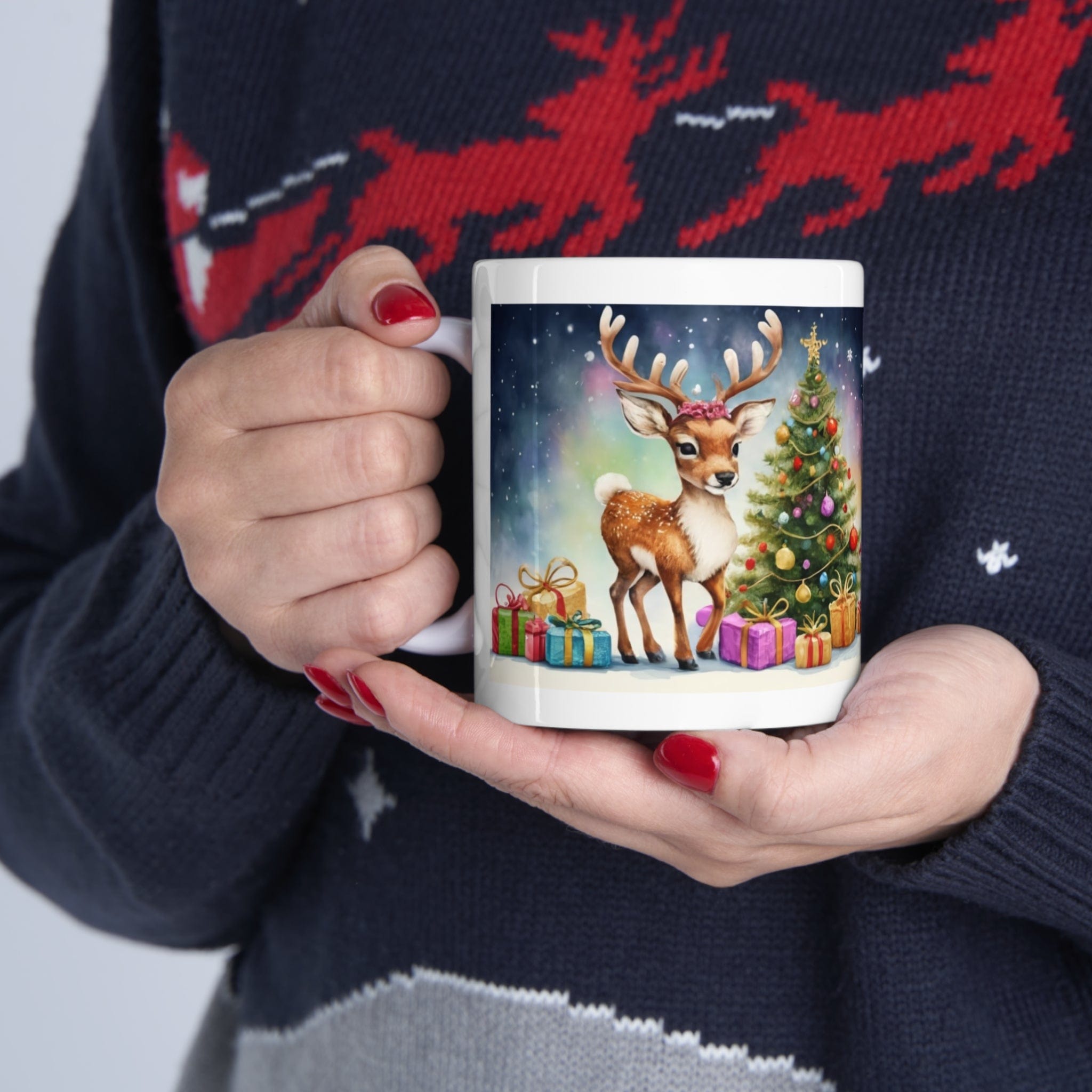 Printify Mug 11oz Coffee Mug, Reindeer Coffee Mug, Christmas Coffee Mug, Christmas Mug, Christmas Gift, Friend Gift, White 13 oz Ceramic 21993941926904313444
