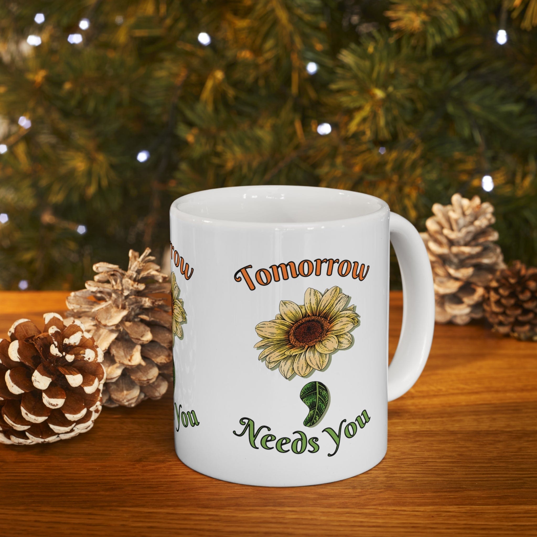 Printify Mug 11oz Coffee Mug, Mental Health Mug, Therapist Mug, Sunflower Semicolon, White 11 oz Ceramic, Gift for Her or Him 21922659324783219662