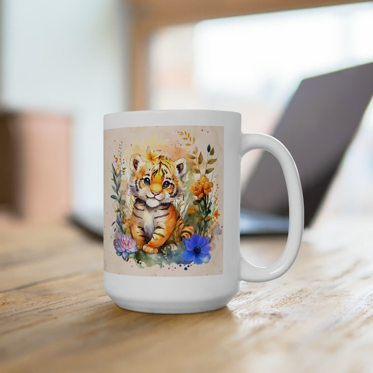 Printify Mug 15oz Coffee Mug, Tiger Coffee Mug, Tiger Cub Mug, Flower Mug, Birthday Gift, Christmas Gift, Friend Gift, White 15 oz Ceramic 19340100537797322553
