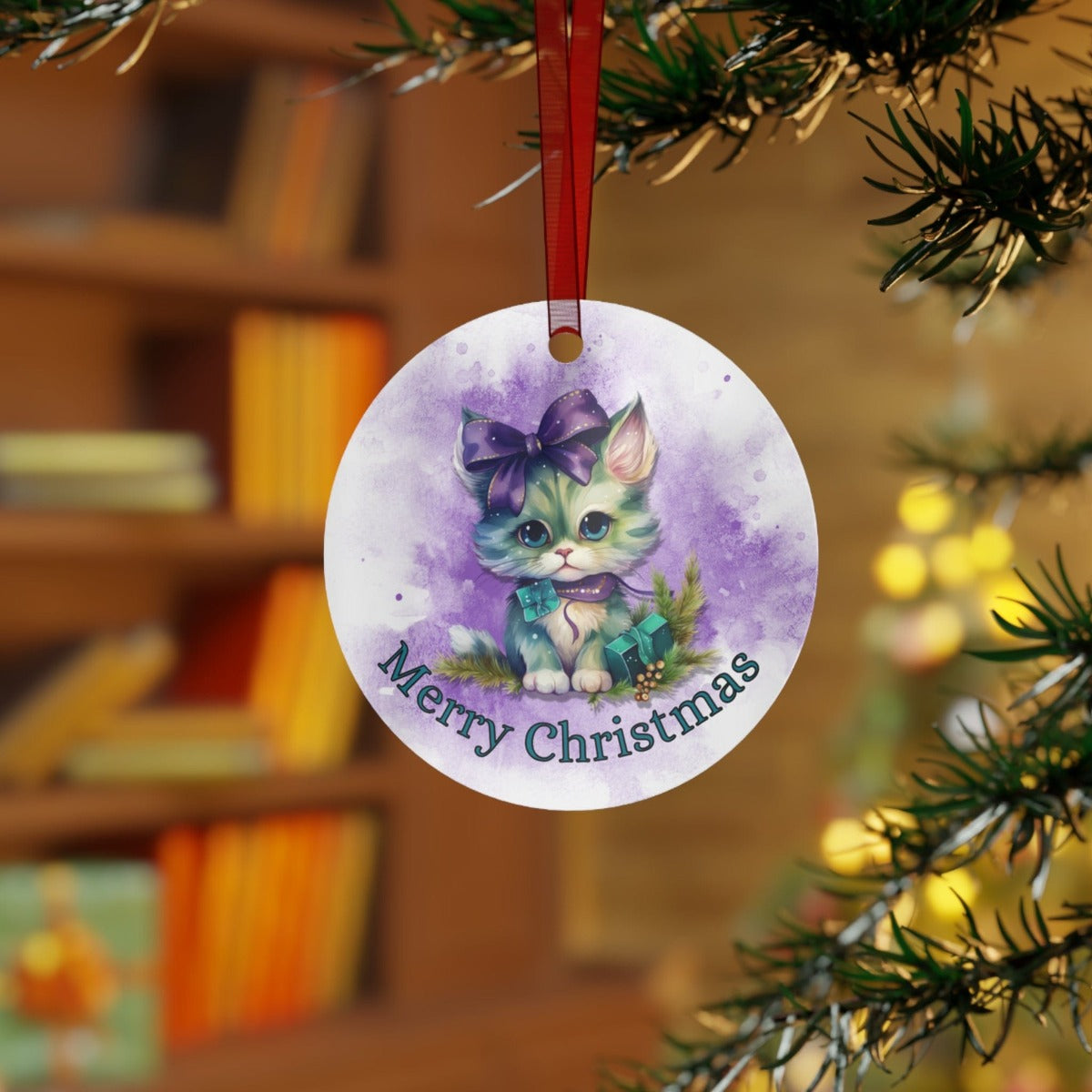 Printify Home Decor Round / One Size Christmas Ornament, Kitten Christmas Ornament, Kitten Gift, Cat Christmas, Custom Ornament, Metal Ornament, Christmas Gift, Free Shipping 22097126526585595838