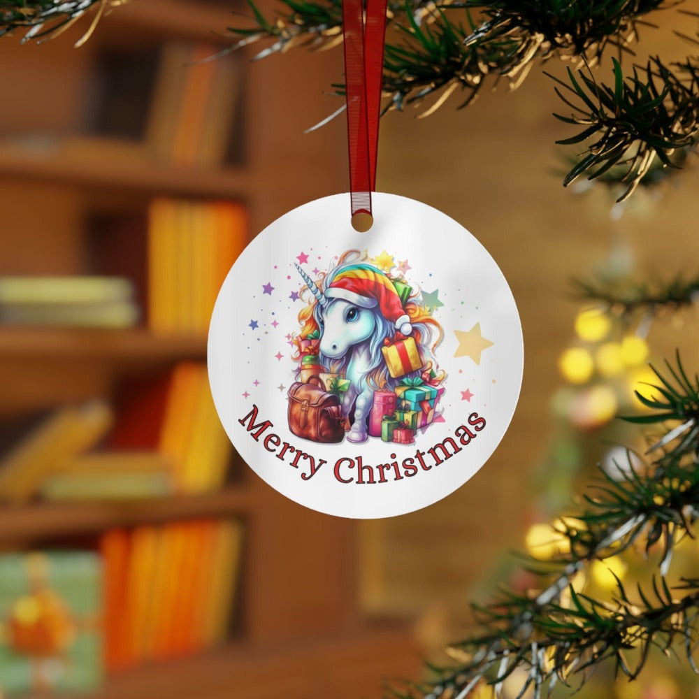 Printify Home Decor Round / One Size Christmas Ornament, Unicorn Christmas Ornament, Unicorn Gift, Custom Ornament, Metal Ornament, Christmas Gift, Free Shipping 33589524612130044327