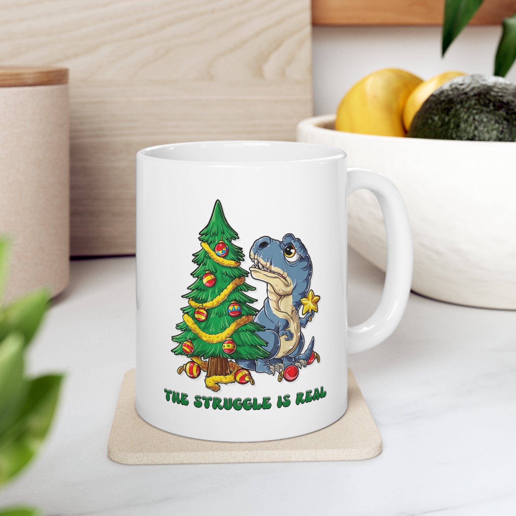 Printify Mug 11oz Coffee Mug, "The Struggle is Real",  Dinosaur Mug, White 11oz Ceramic, Gift for Her or Him, Christmas Mug. 73788387607500897320