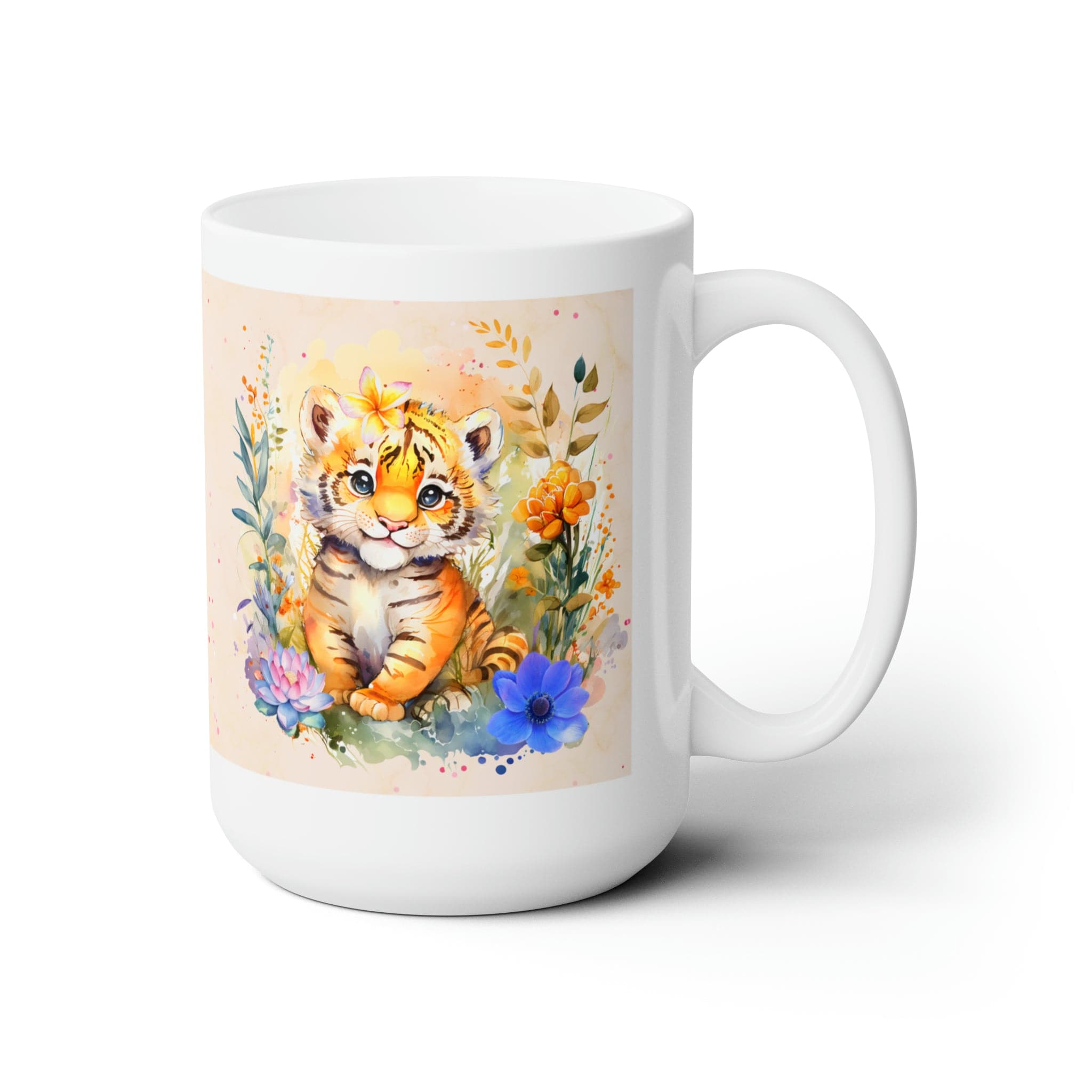 Printify Mug 15oz Coffee Mug, Tiger Coffee Mug, Tiger Cub Mug, Flower Mug, Birthday Gift, Christmas Gift, Friend Gift, White 15 oz Ceramic 19340100537797322553