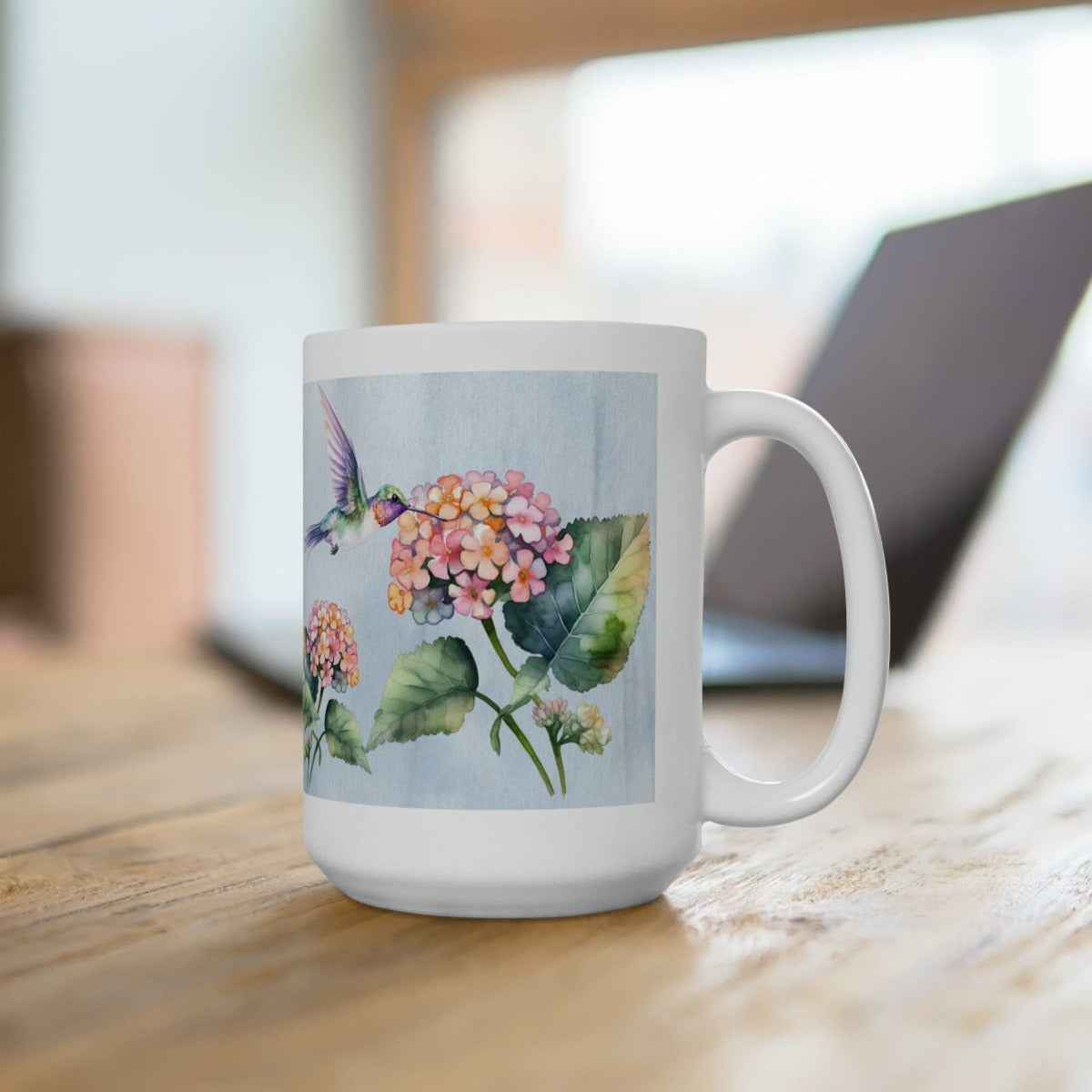 Printify Mug 15oz Coffee Mug, Hummingbird Coffee Mug, Bird Mug, Flower Mug, Birthday Gift, Christmas Gift, Friend Gift, White 15 oz Ceramic 26773521139094264404