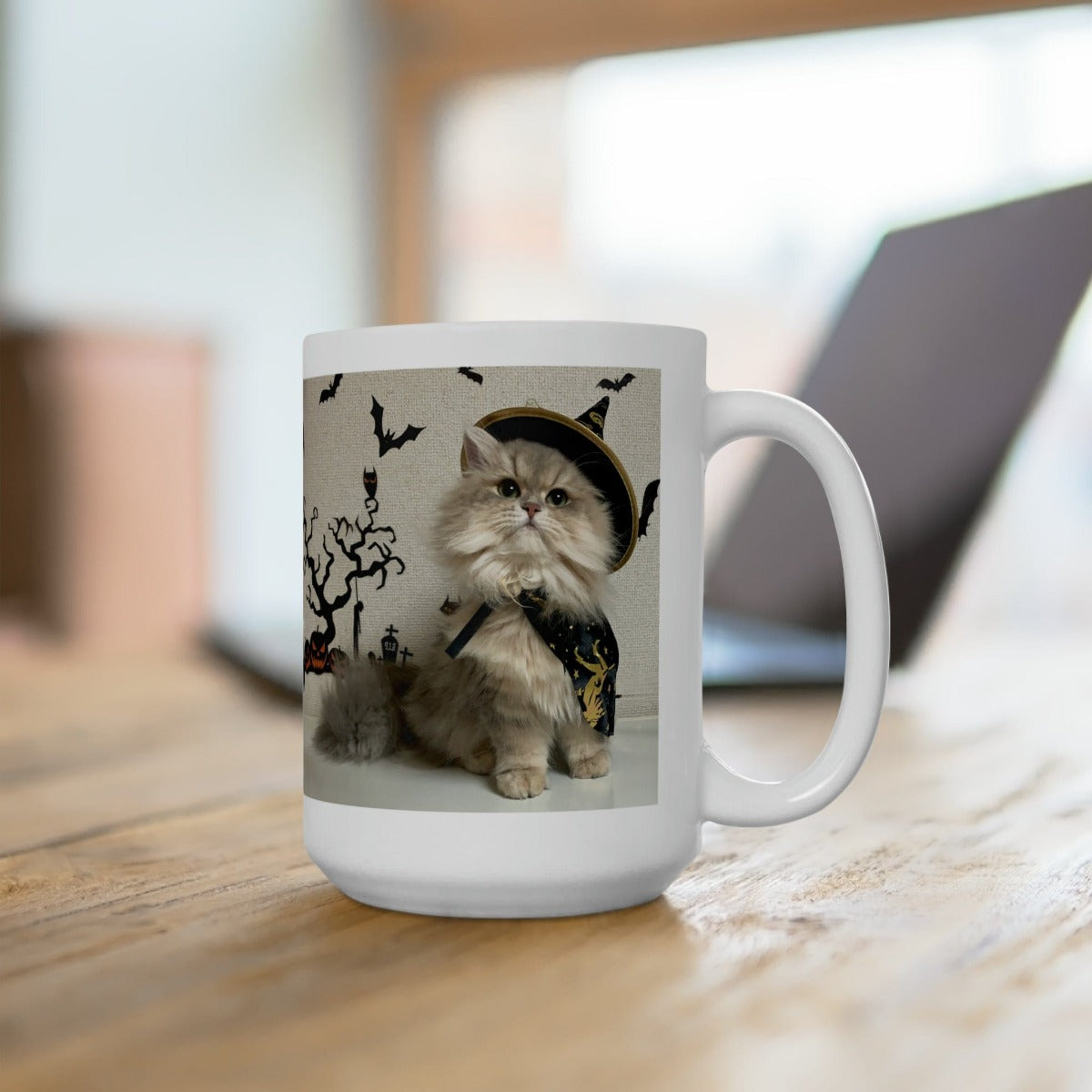 Printify Mug 15oz Coffee Mug, Halloween Coffee Mug, Cat in Witch Costume Mug, Halloween Gift, Birthday Gift, Friend Gift, White 15oz Ceramic 83648407855491868208