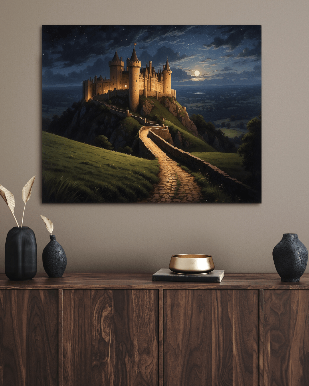 Printify Canvas Canvas Wall Art, English Castle in the Night, Wall Art Decoration, Canvas Art Print, Canvas Gallery Wrap, Ready to Hang