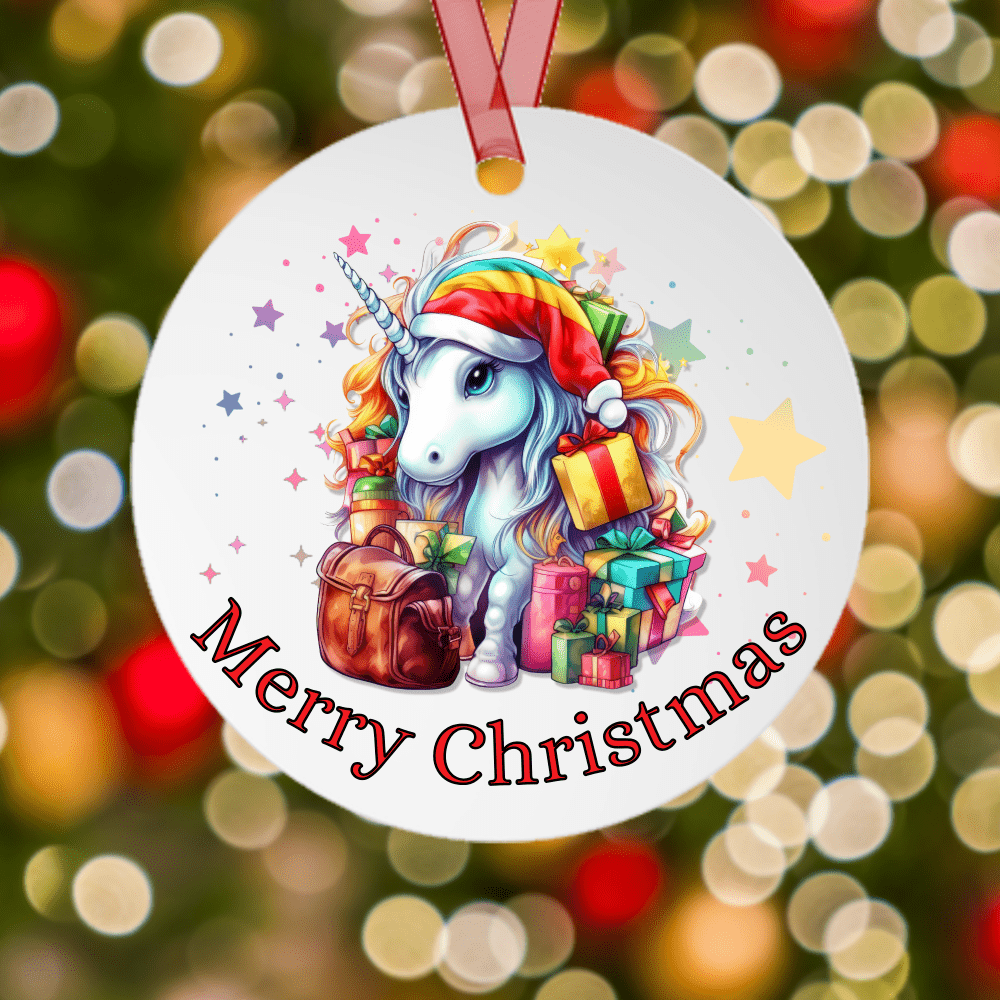 Printify Home Decor Round / One Size Christmas Ornament, Unicorn Christmas Ornament, Unicorn Gift, Custom Ornament, Metal Ornament, Christmas Gift 33589524612130044327