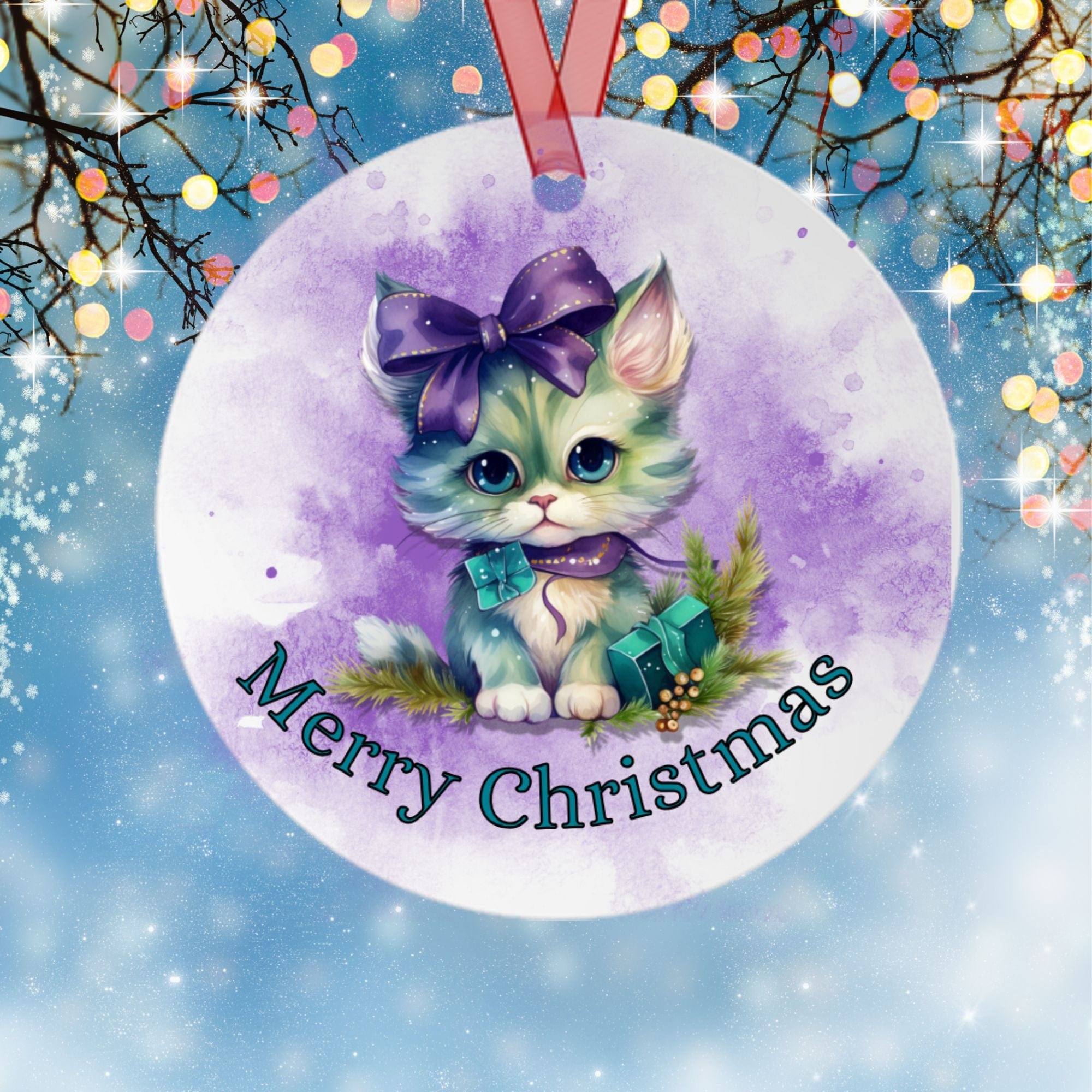 Printify Home Decor Round / One Size Christmas Ornament, Kitten Christmas Ornament, Kitten Gift, Cat Christmas, Custom Ornament, Metal Ornament, Christmas Gift, Free Shipping 22097126526585595838