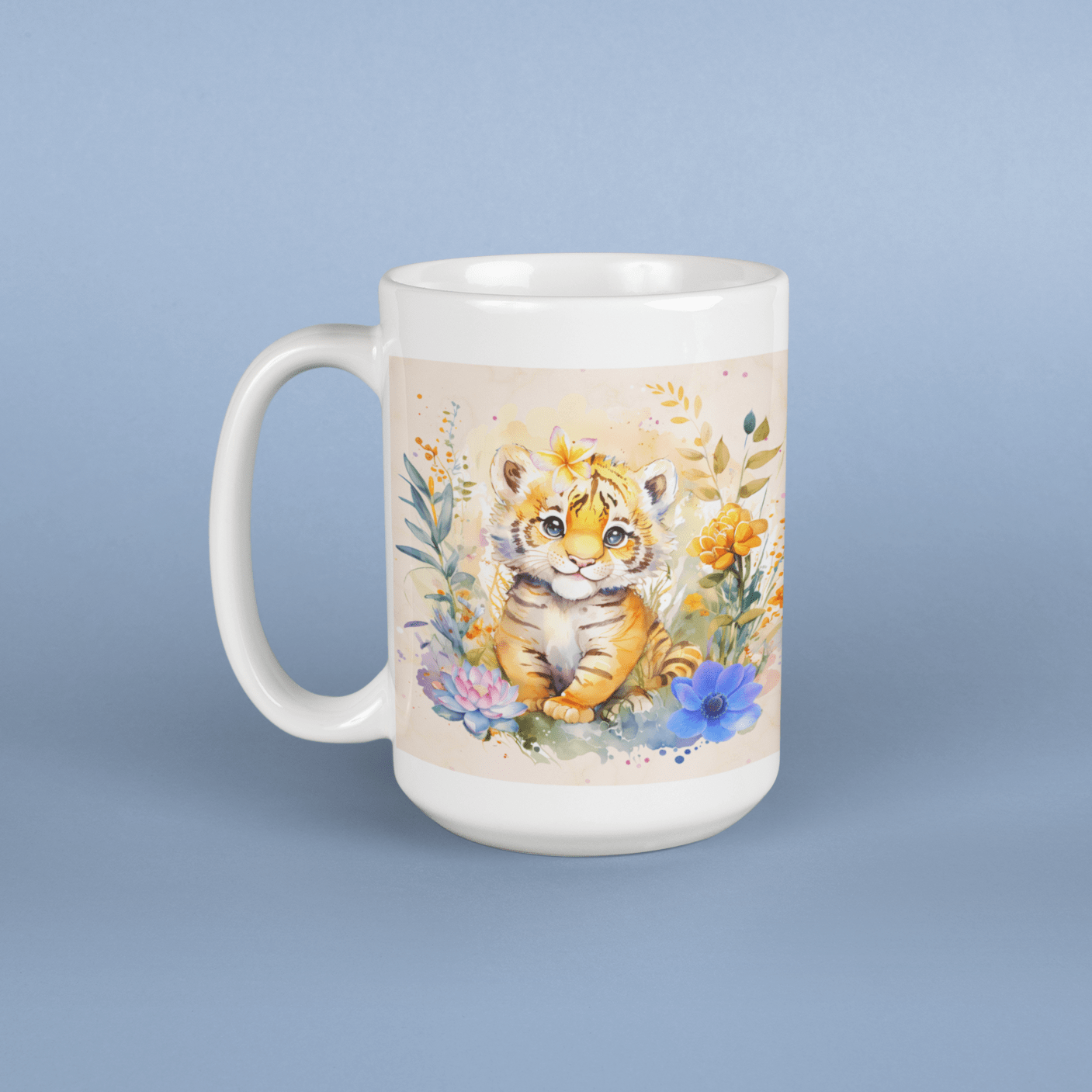 Printify Mug 15oz Coffee Mug, Tiger Coffee Mug, Tiger Cub Mug, Flower Mug, Birthday Gift, Christmas Gift, Friend Gift, White 15 oz Ceramic 19340100537797322553