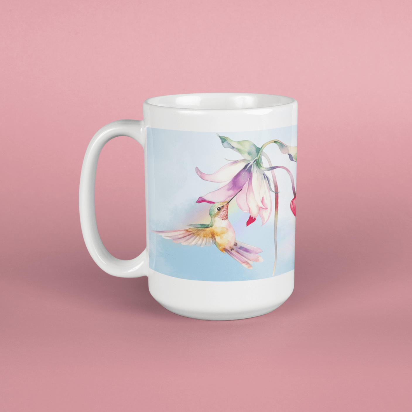Printify Mug 15oz Coffee Mug, Hummingbird  Coffee Mug, Bird Mug, Flower Mug, Birthday Gift, Christmas Gift, Friend Gift, White 15 oz Ceramic 94835321315221654134