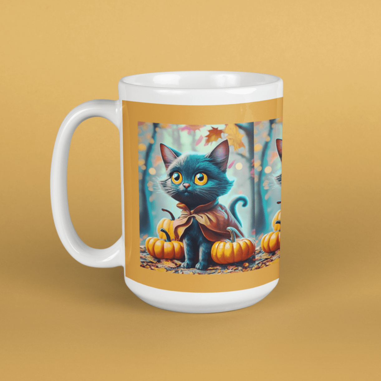 Printify Mug 11oz Coffee Mug, Black Cat Coffee Mug, Forest Cat Coffee Mug, Fall Pumpkin Mug, Birthday Gift, Friend Gift, White 11oz Ceramic 20089616416949115413