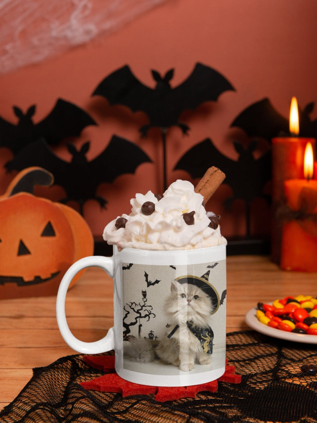 Printify Mug 11oz Coffee Mug, Halloween Coffee Mug, Cat in Witch Costume Mug, Halloween Gift, Birthday Gift, Friend Gift, White 11oz Ceramic 18750004720538585309