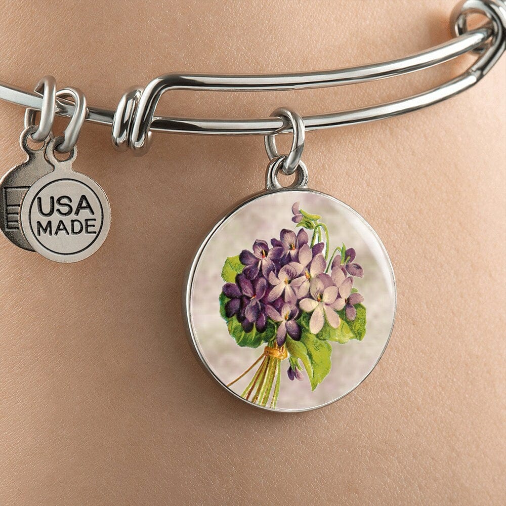 ShineOn Fulfillment Jewelry Personalized Violet Flower Art, Custom Pendant with Luxury Bangle - Personalized Engraving Available, Gift Box Included, Free Shipping