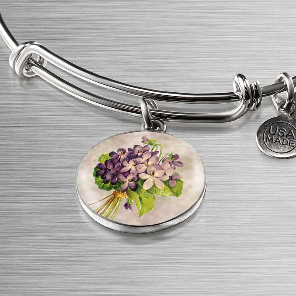 ShineOn Fulfillment Jewelry Personalized Violet Flower Art, Custom Pendant with Luxury Bangle - Personalized Engraving Available, Gift Box Included, Free Shipping