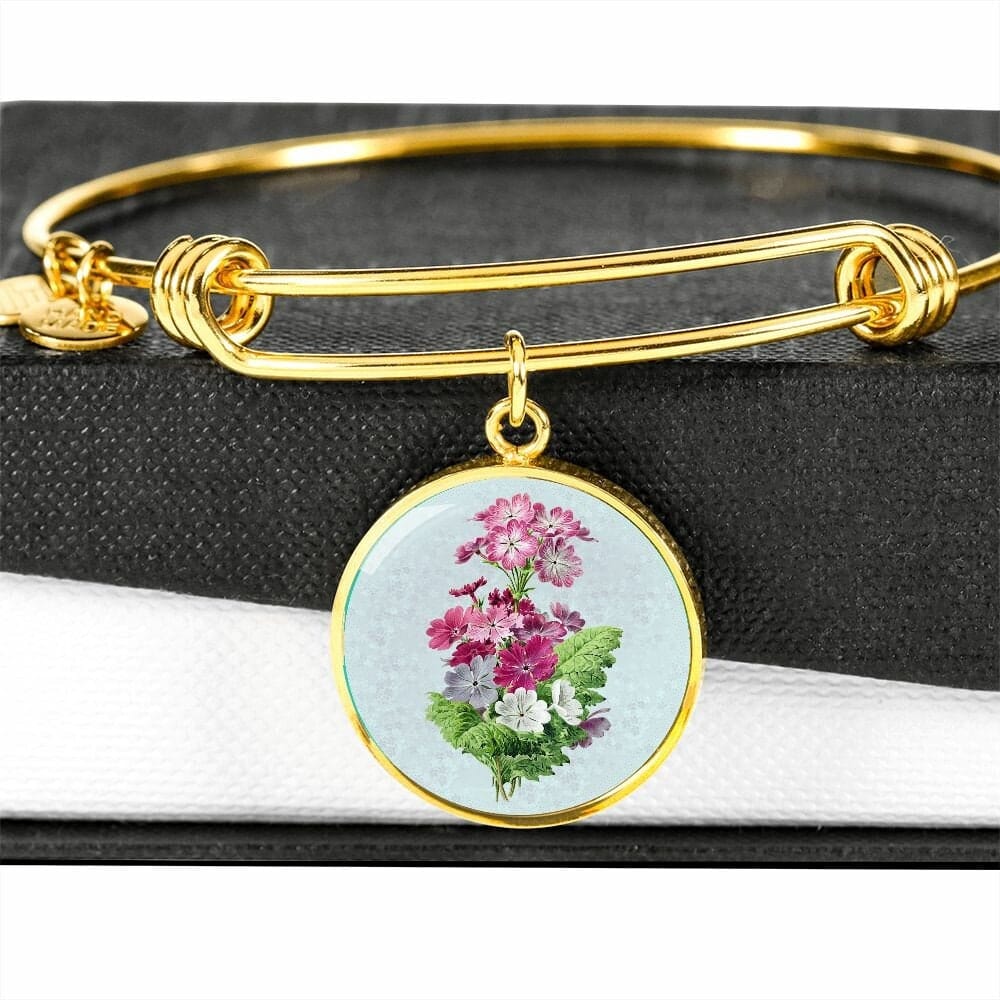 ShineOn Fulfillment Jewelry Personalized Primrose Flower Art, Custom Pendant with Luxury Bangle - Personalized Engraving Available, Gift Box Included, Free Shipping