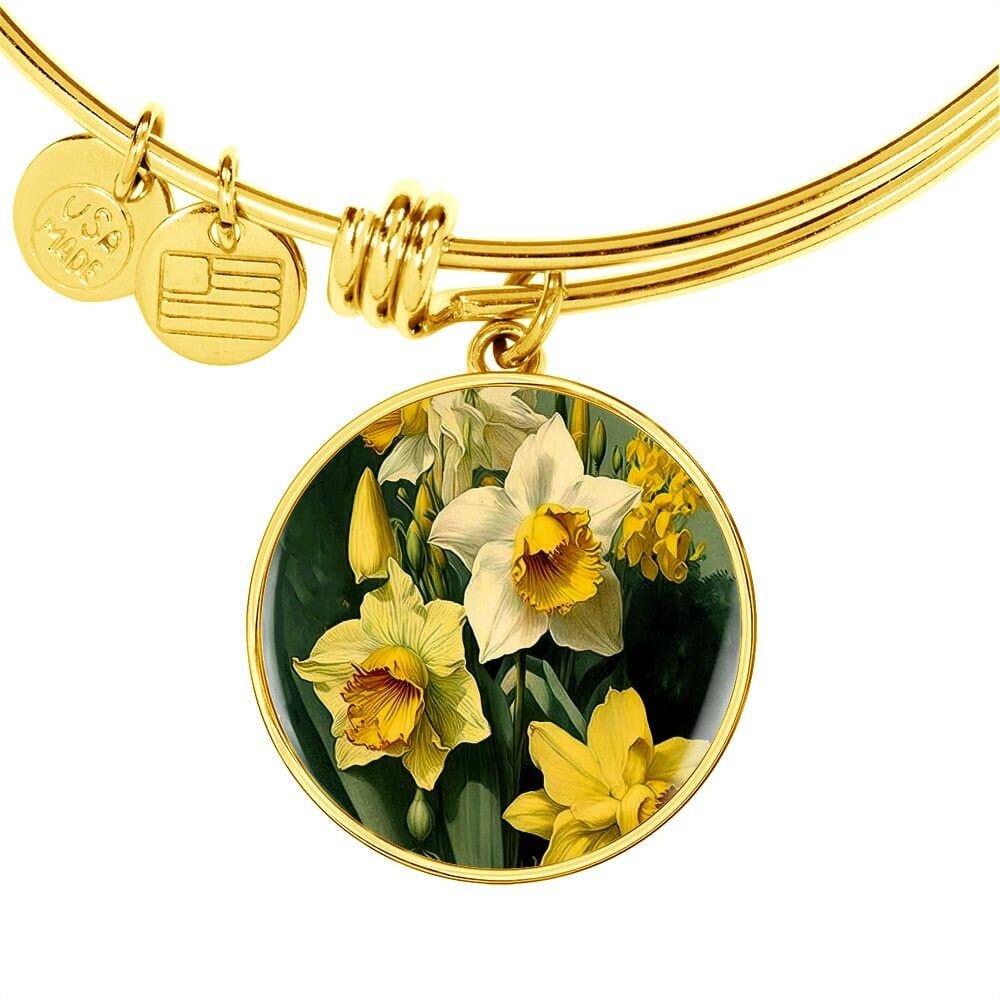 ShineOn Fulfillment Jewelry Personalized Daffodil Flower Art, Custom Pendant with Luxury Bangle - Personalized Engraving Available, Gift Box Included, Free Shipping