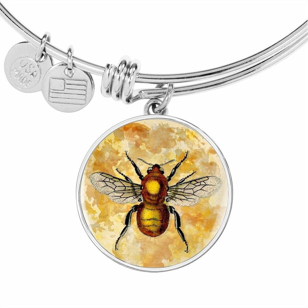 ShineOn Fulfillment Jewelry Personalized Bee Restored Vintage Art Drawing, Custom Pendant with Luxury Bangle - Personalized Engraving Available, Gift Box Included
