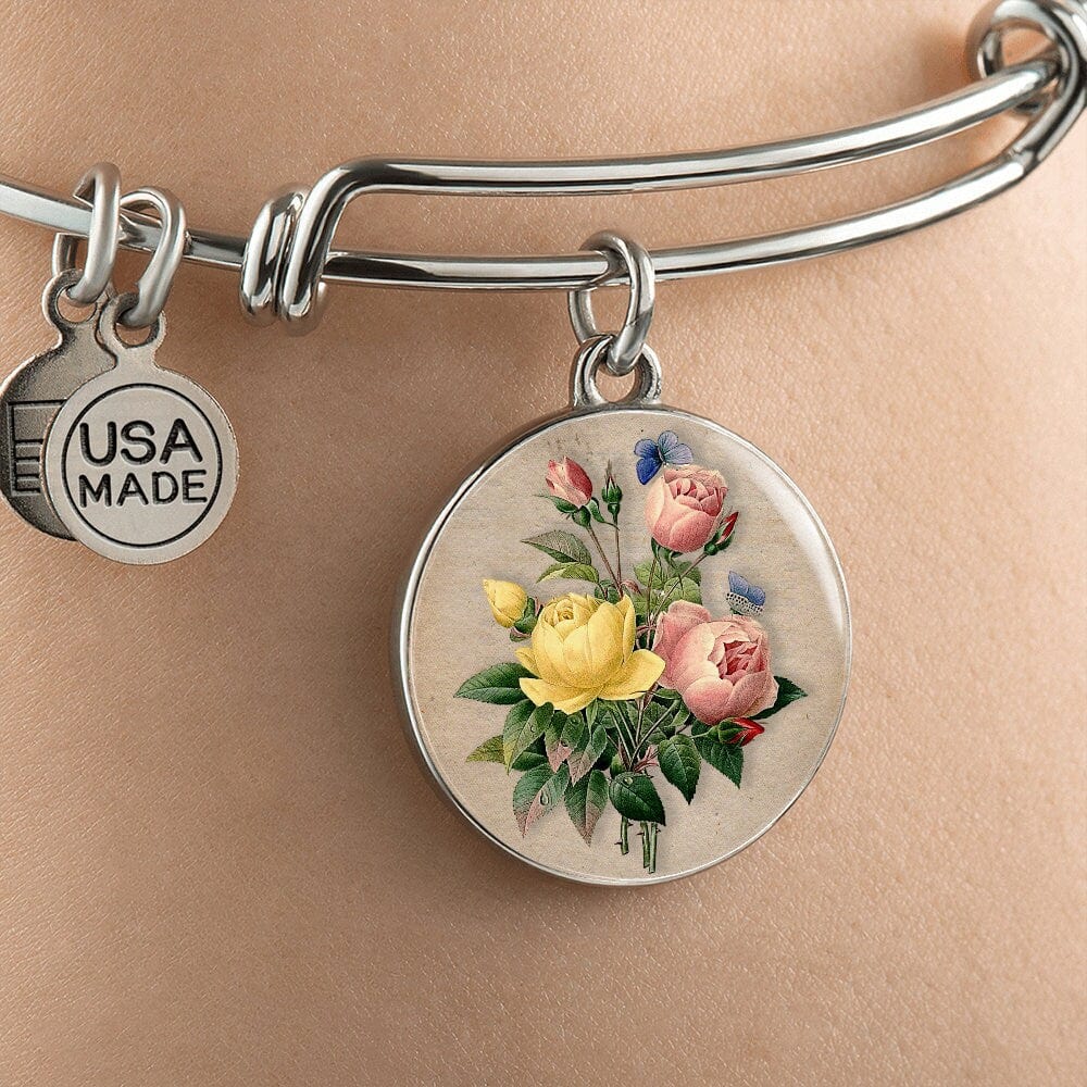 ShineOn Fulfillment Jewelry Personalized Flower Bouquet Restored Vintage Art, Custom Pendant with Luxury Bangle - Personalized Engraving Available, Gift Box Included