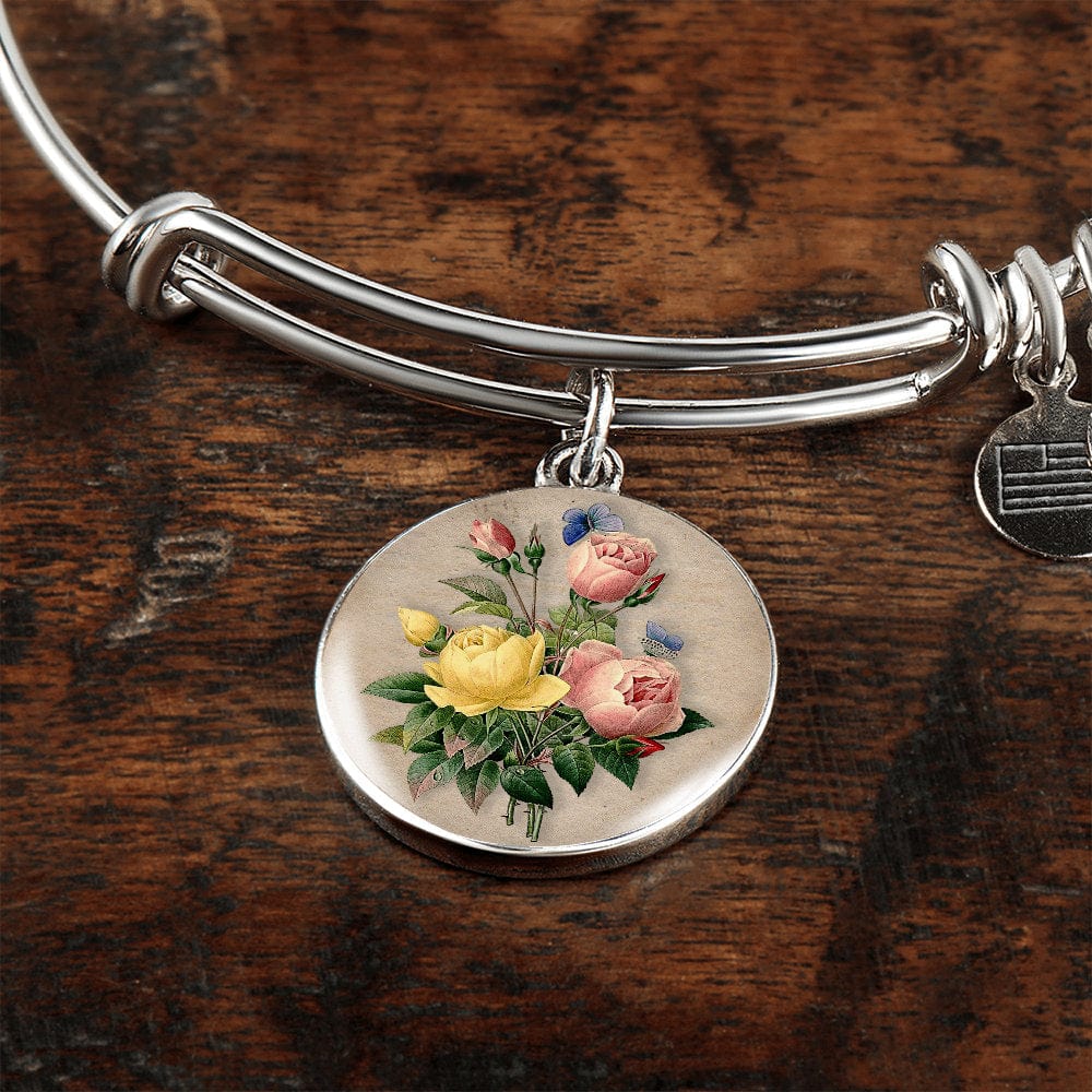 ShineOn Fulfillment Jewelry Personalized Flower Bouquet Restored Vintage Art, Custom Pendant with Luxury Bangle - Personalized Engraving Available, Gift Box Included