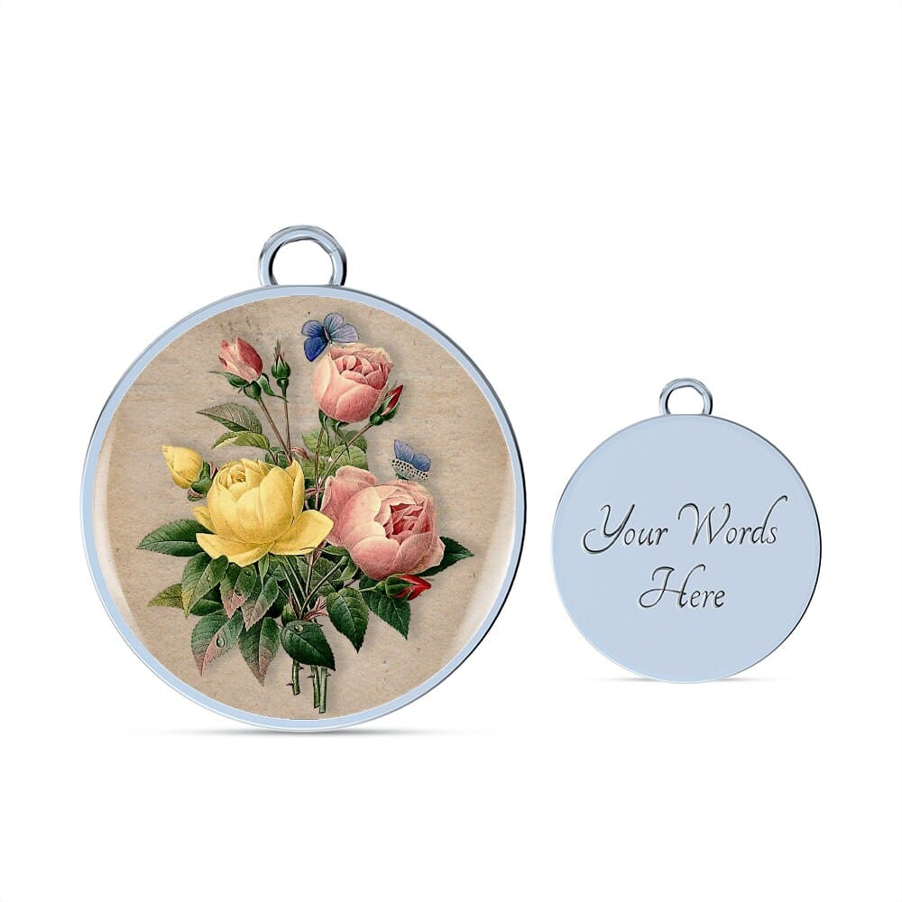 ShineOn Fulfillment Jewelry Personalized Flower Bouquet Restored Vintage Art, Custom Pendant with Luxury Bangle - Personalized Engraving Available, Gift Box Included