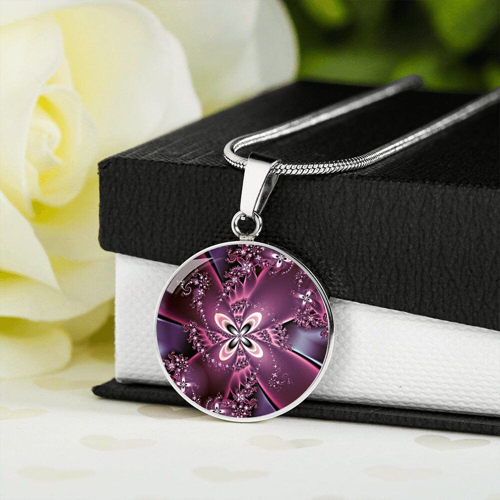 ShineOn Fulfillment Jewelry Personalized Purple Flower Fractal Original Art, Custom Pendant with Luxury Necklace - Personalized Engraving Available, Gift Box Included