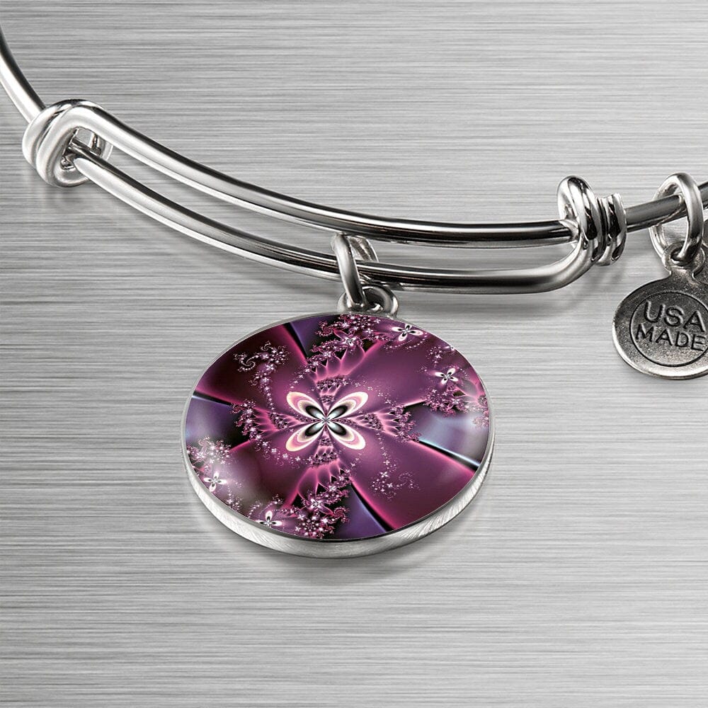 ShineOn Fulfillment Jewelry Personalized Purple Flower Fractal Original Art, Custom Pendant with Luxury Bangle - Personalized Engraving Available, Gift Box Included