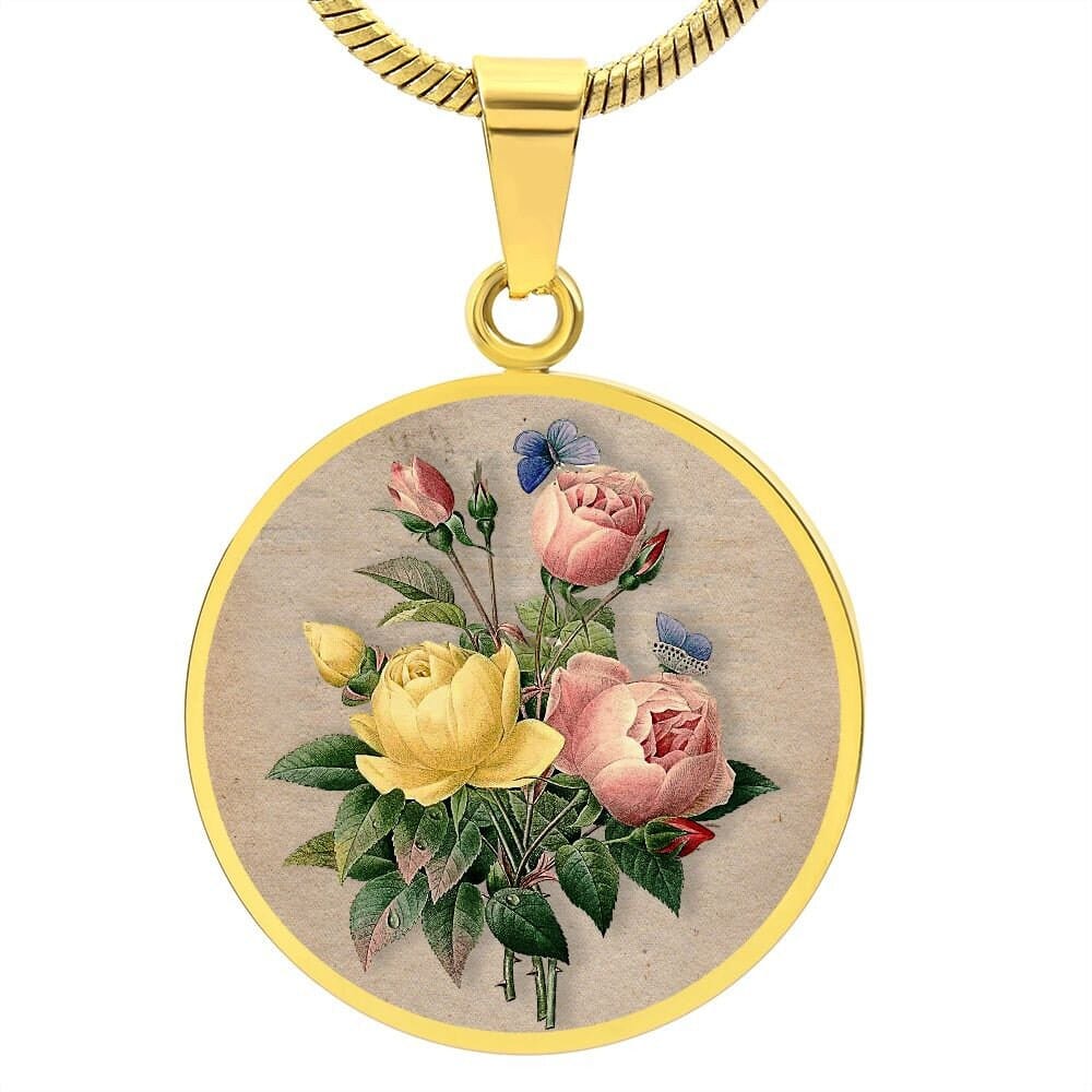 ShineOn Fulfillment Jewelry Personalized Flower Bouquet Restored Vintage Art, Custom Pendant with Luxury Necklace - Personalized Engraving Available, Gift Box Included