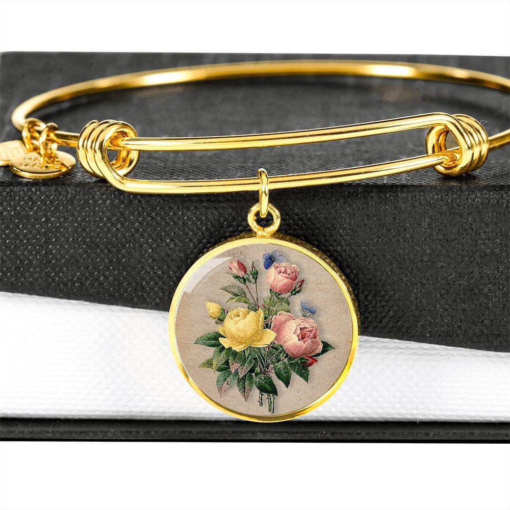 ShineOn Fulfillment Jewelry Personalized Flower Bouquet Restored Vintage Art, Custom Pendant with Luxury Bangle - Personalized Engraving Available, Gift Box Included