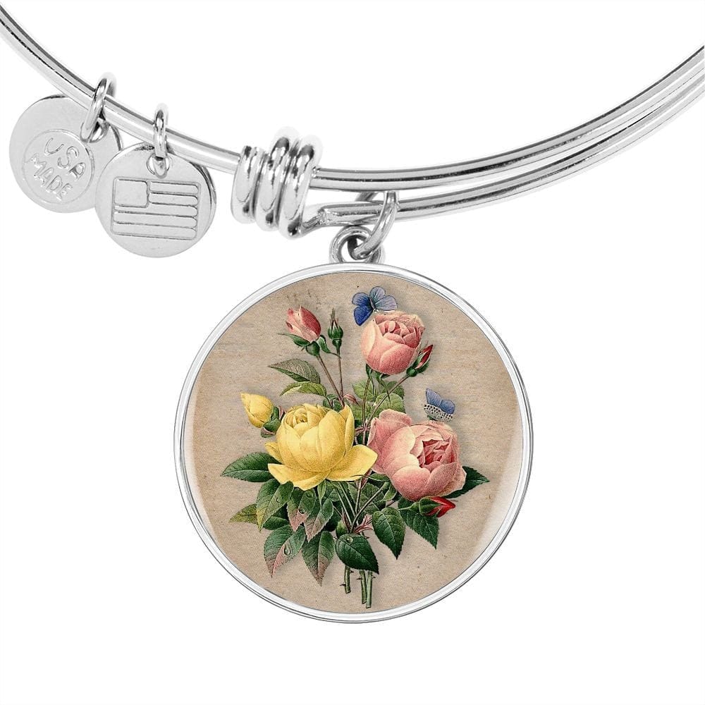 ShineOn Fulfillment Jewelry Personalized Flower Bouquet Restored Vintage Art, Custom Pendant with Luxury Bangle - Personalized Engraving Available, Gift Box Included