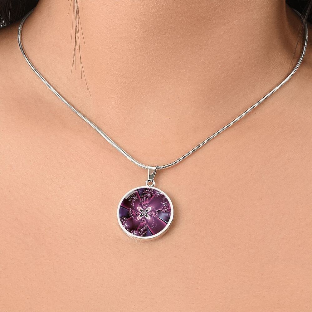 ShineOn Fulfillment Jewelry Personalized Purple Flower Fractal Original Art, Custom Pendant with Luxury Necklace - Personalized Engraving Available, Gift Box Included