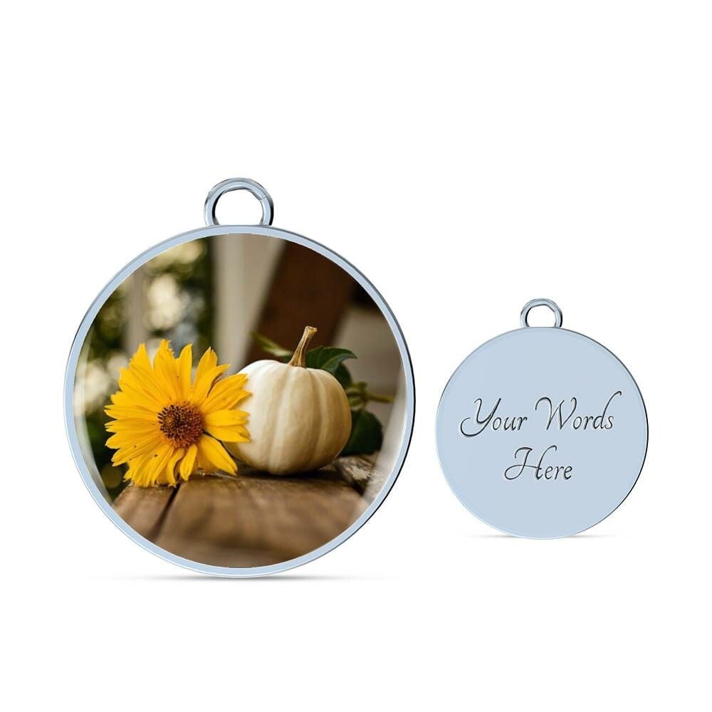 ShineOn Fulfillment Jewelry Personalized Yellow Flower and White Pumpkin Art, Custom Pendant with Luxury Bangle - Personalized Engraving Available, Gift Box Included