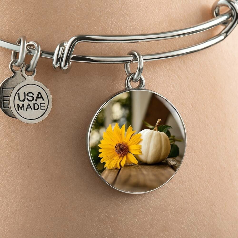 ShineOn Fulfillment Jewelry Personalized Yellow Flower and White Pumpkin Art, Custom Pendant with Luxury Bangle - Personalized Engraving Available, Gift Box Included