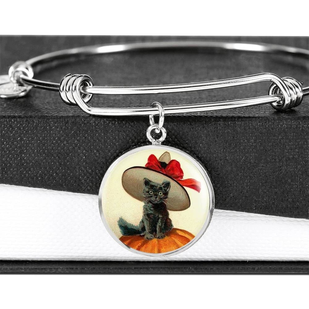 ShineOn Fulfillment Jewelry Personalized Halloween Cat Vintage Art, Custom Pendant & Luxury Bangle-Personalized Engraving Available, Gift Box Included, Free Shipping