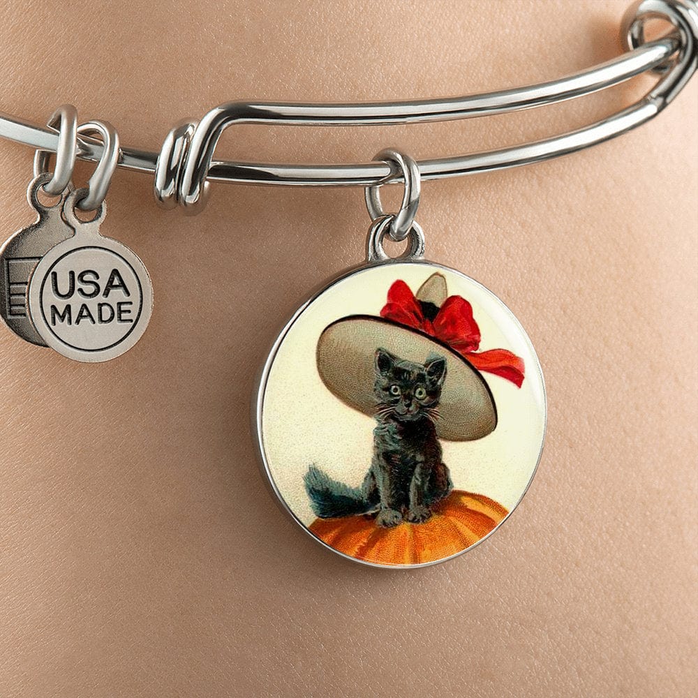 ShineOn Fulfillment Jewelry Personalized Halloween Cat Vintage Art, Custom Pendant & Luxury Bangle-Personalized Engraving Available, Gift Box Included, Free Shipping