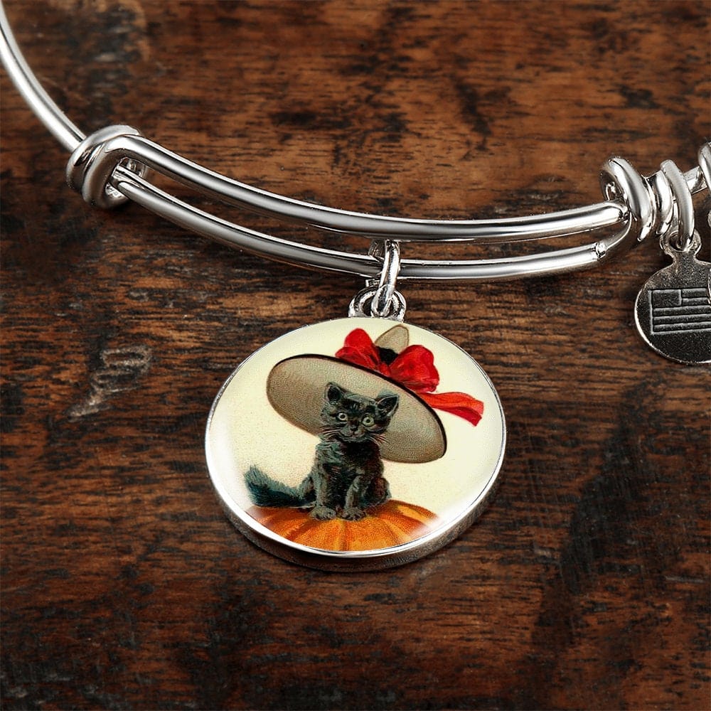 ShineOn Fulfillment Jewelry Personalized Halloween Cat Vintage Art, Custom Pendant & Luxury Bangle-Personalized Engraving Available, Gift Box Included, Free Shipping
