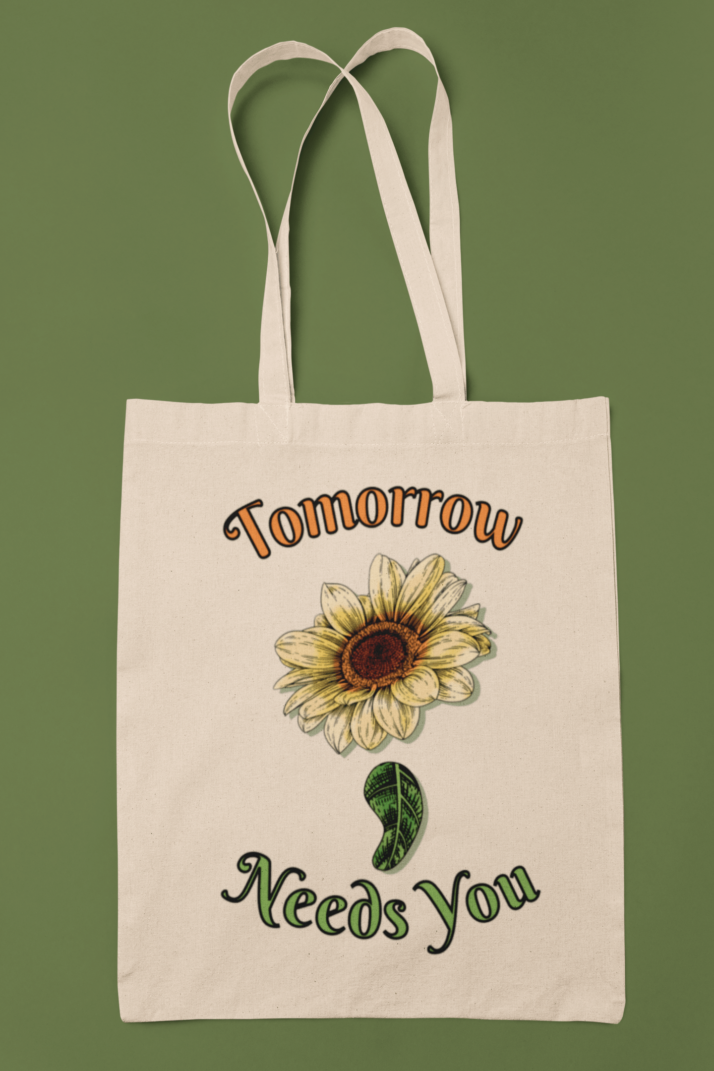 Printify Bags Natural / 15" x 16" Canvas Tote Bag, Mental Health, Sunflower Semicolon, Canvas Bag, 100% Cotton Tote Bag, Shopping Bag, Gift for Friend 33134222743829353069