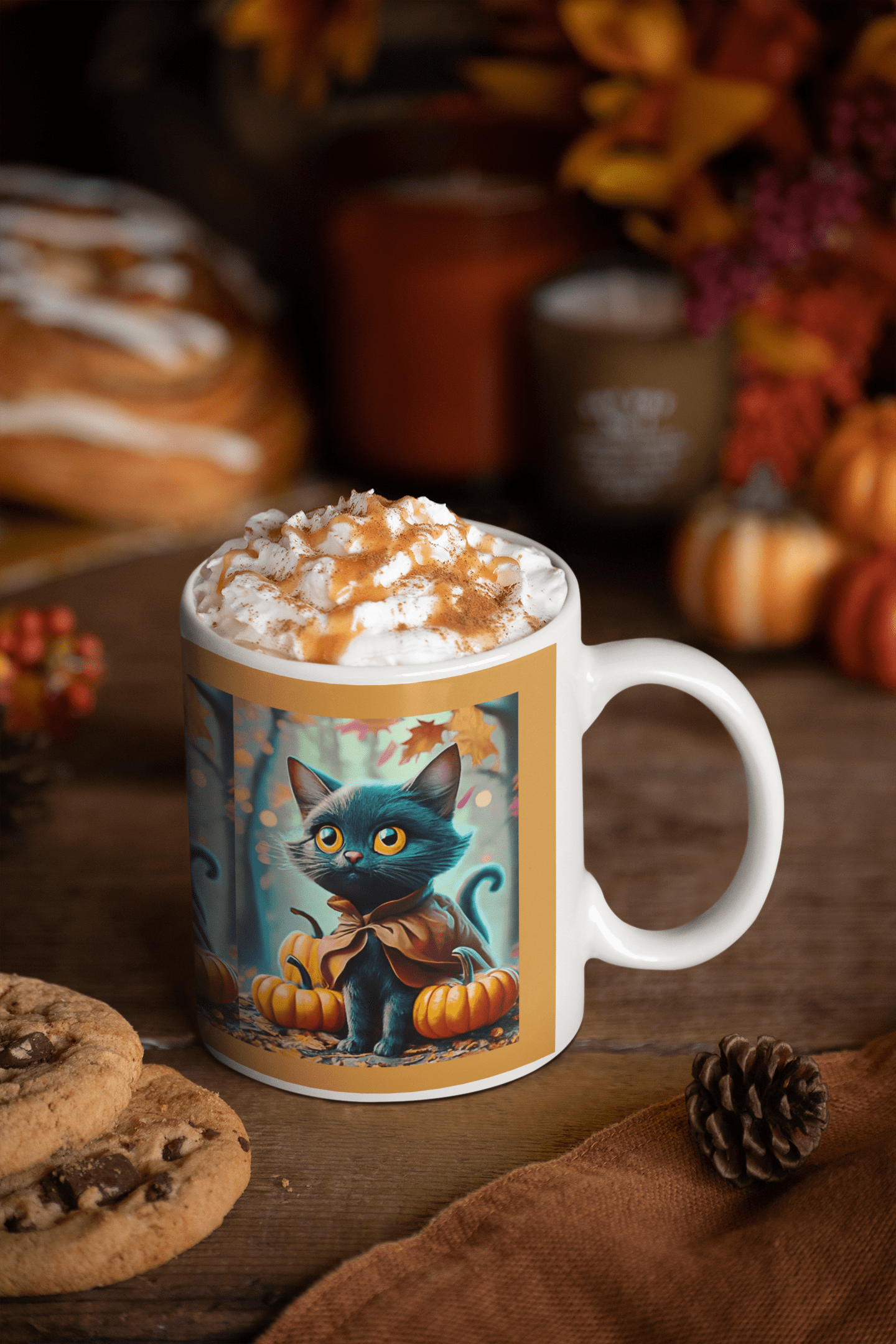 Printify Mug 15oz Coffee Mug, Black Cat Coffee Mug, Forest Cat Coffee Mug, Fall Pumpkin Mug, Birthday Gift, Friend Gift, White 15 oz Ceramic 25195849008209618874